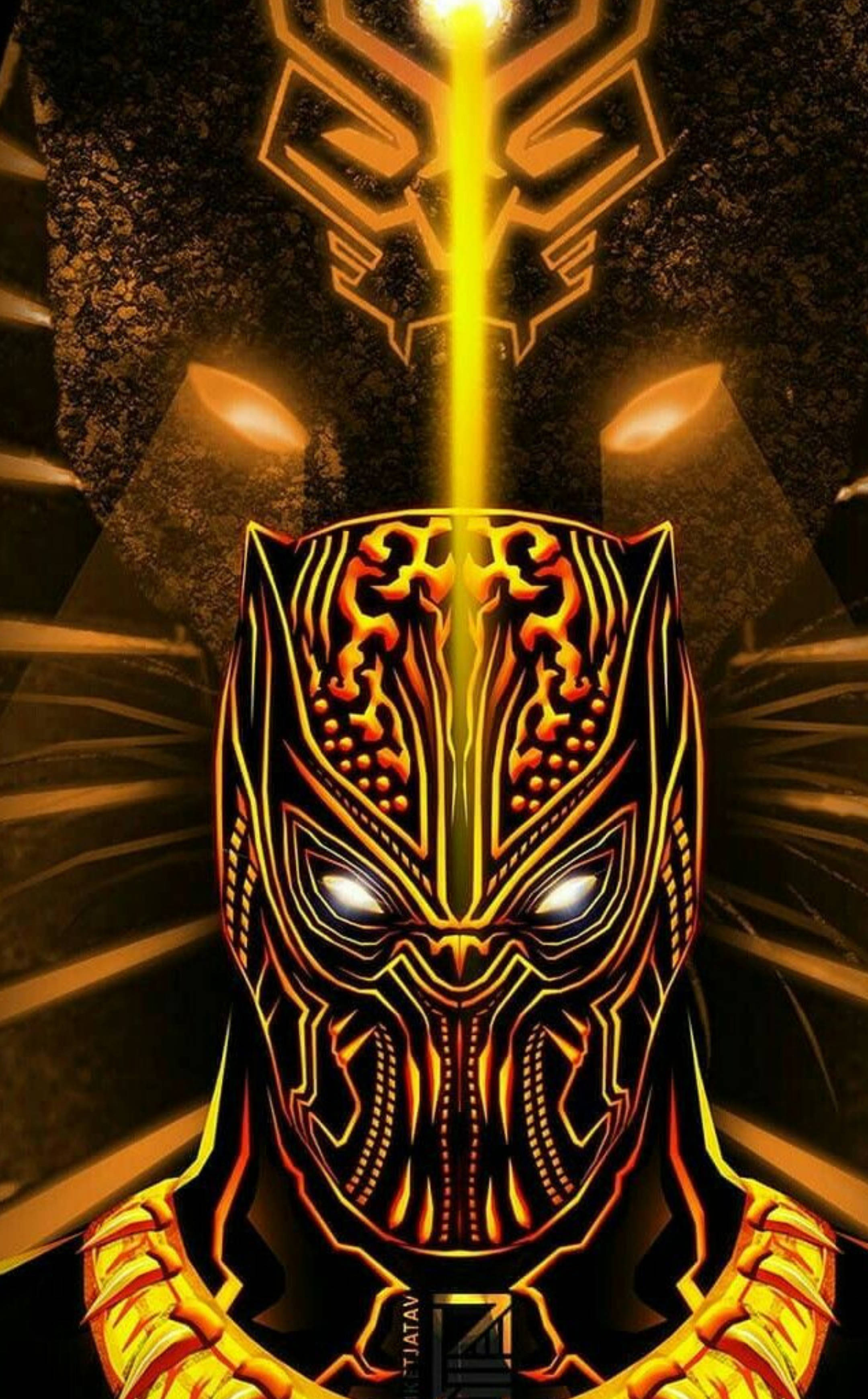 殺人魔哥 桌布 壁紙 — 一個發光的黑色黑豹面具，帶有複雜的金色圖案，在黑暗的紋理背景上散發出強烈的光芒。