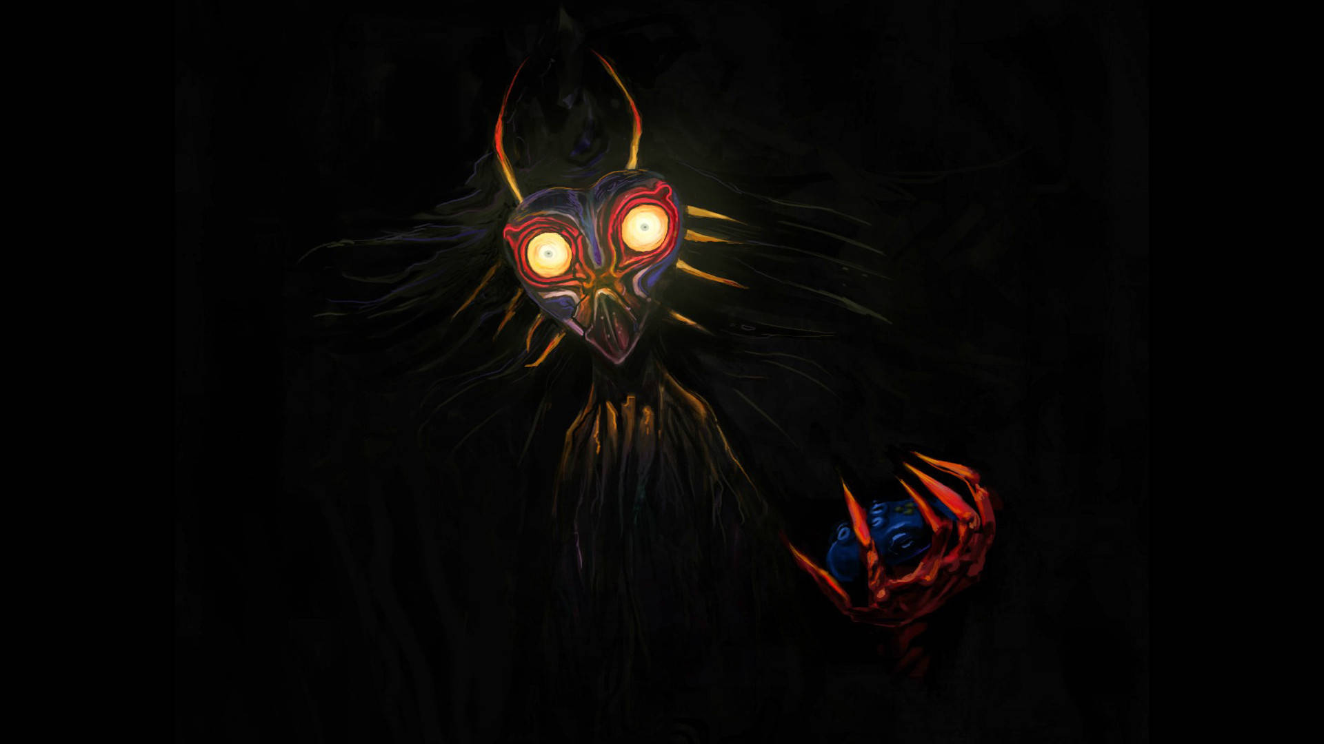 Majora's Mask 桌布 壁紙 — 一個發光眼睛、戴面具的生物，有火橙色角和觸手，從黑暗中出現，戴紅色手套的手拿著藍色球體。
