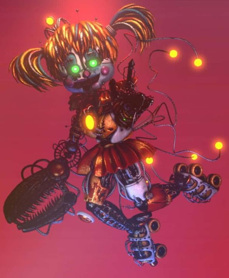Scrap Baby 桌布 壁紙 — 一個發光眼睛、紮辮子、穿滾軸溜冰鞋的機械女孩，在粉紅色背景上漂浮，背景有燈串。