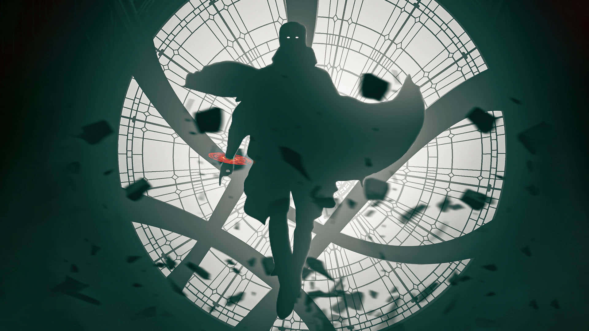Dr Strange 桌布 壁紙 — 一個發光眼睛和披風的黑暗剪影人物，站在圓形框架內破碎的彩繪玻璃之中。