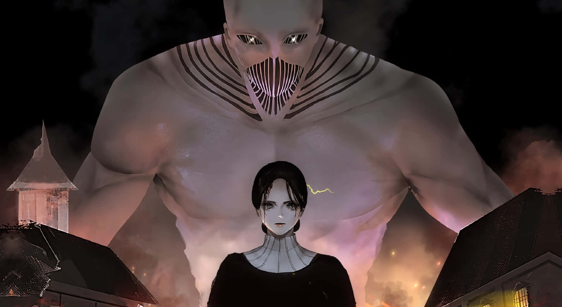 War Hammer Titan 桌布 壁紙 — 一個發光眼睛的 towering 巨人，在夜晚籠罩著一個燃燒村莊中的小女孩。