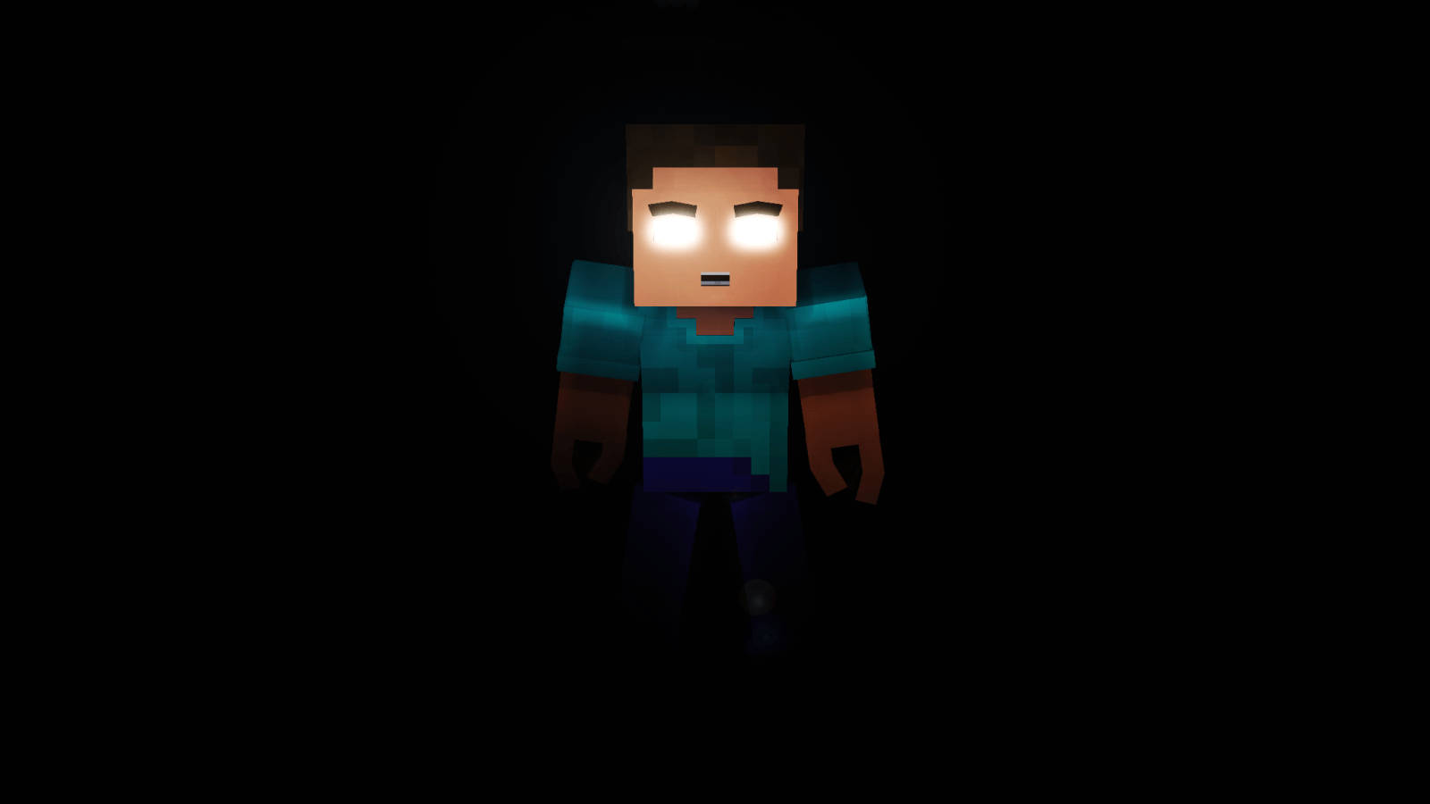 Herobrine 桌布 壁紙 — 一個發光眼睛的Minecraft角色獨自站在漆黑一片中，帶有方塊特徵和青綠色襯衫。