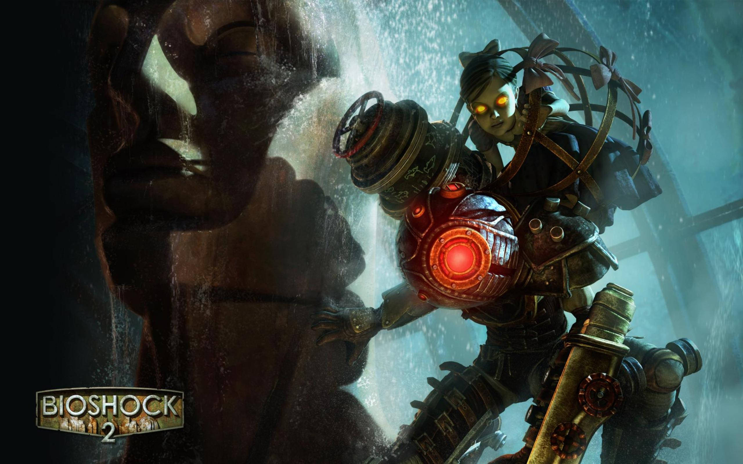 bioshock 4K 桌布 壁紙 — 一個發光眼睛的大老爹穿著生鏽的機械套裝，站在渾濁的水下廢墟中，背後有一座巨大的雕像聳立。