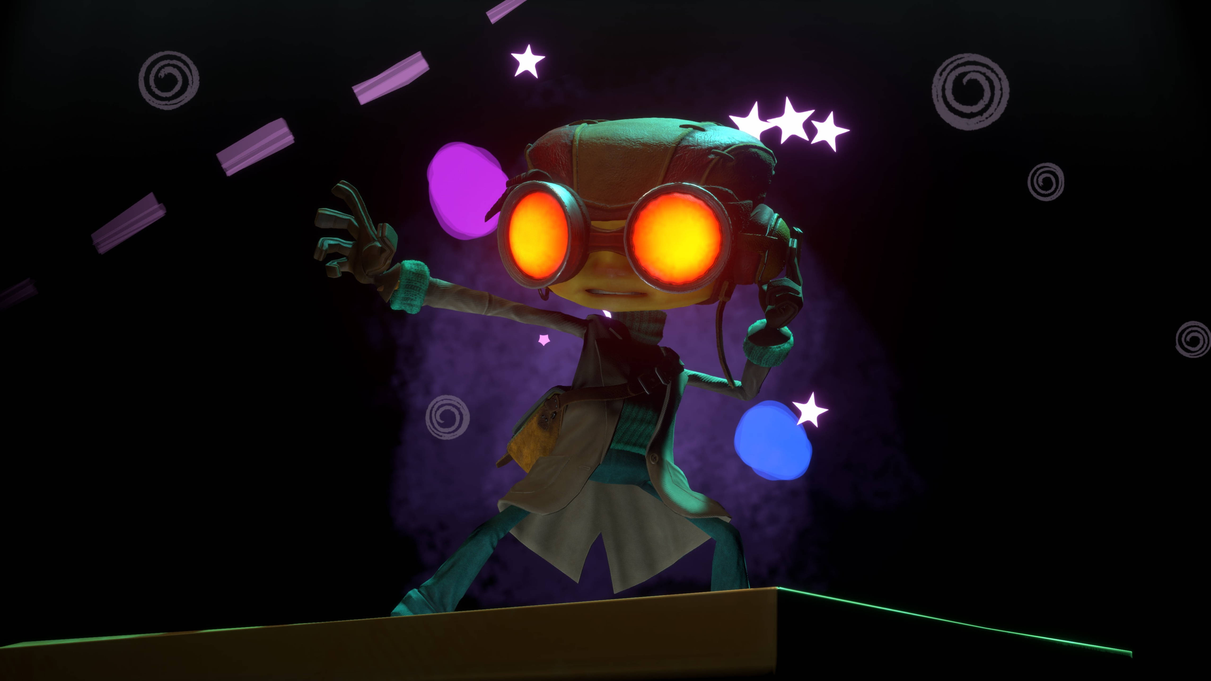Psychonauts 桌布 壁紙 — 一個發光眼睛的機器人角色在黑暗背景中，於漂浮的星星和彩色球體之間跳舞。