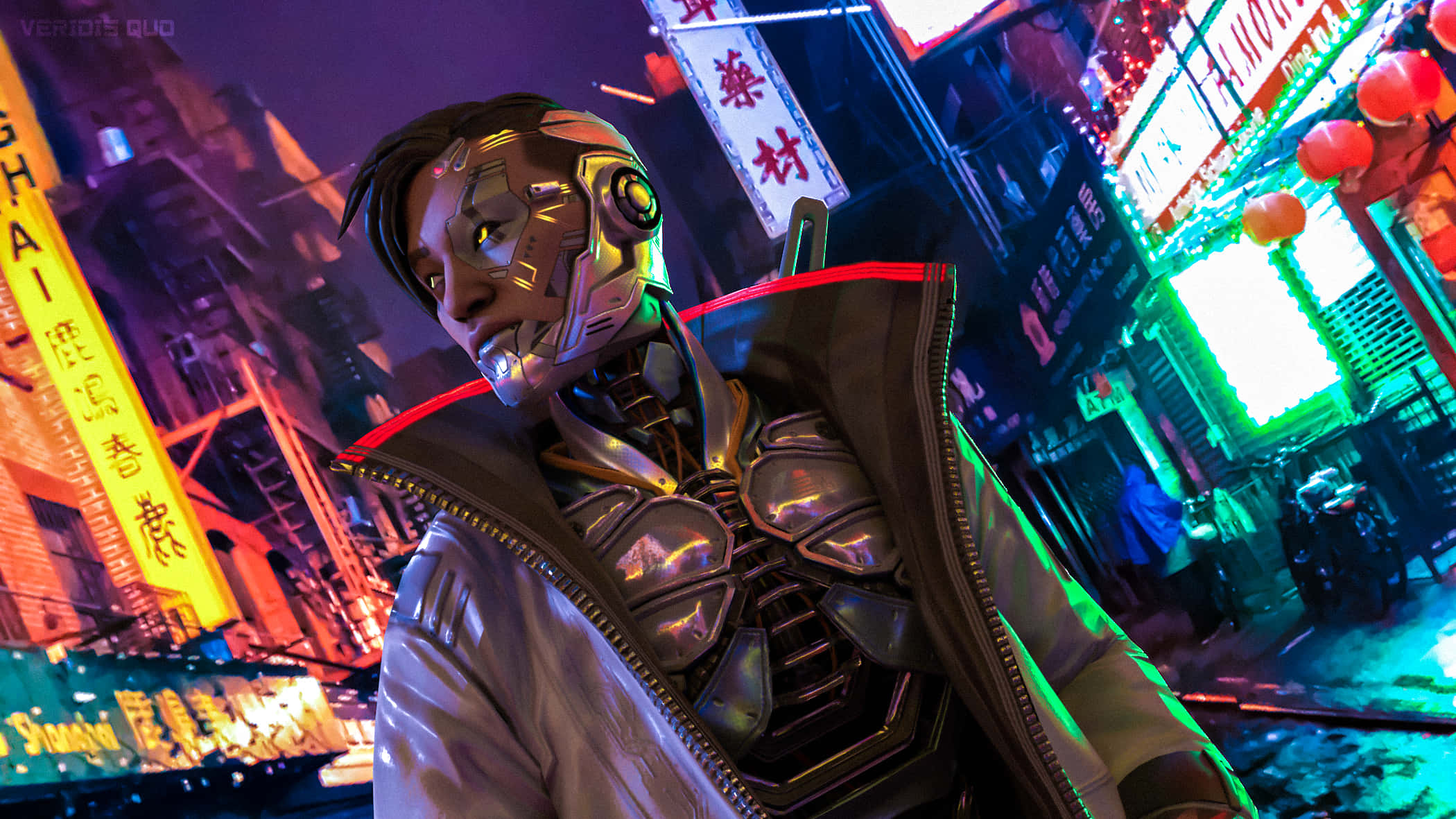 Apex Legends Crypto 桌布 壁紙 — 一個發光眼睛的機械人站在夜晚霓虹燈閃爍的未來城市小巷中。