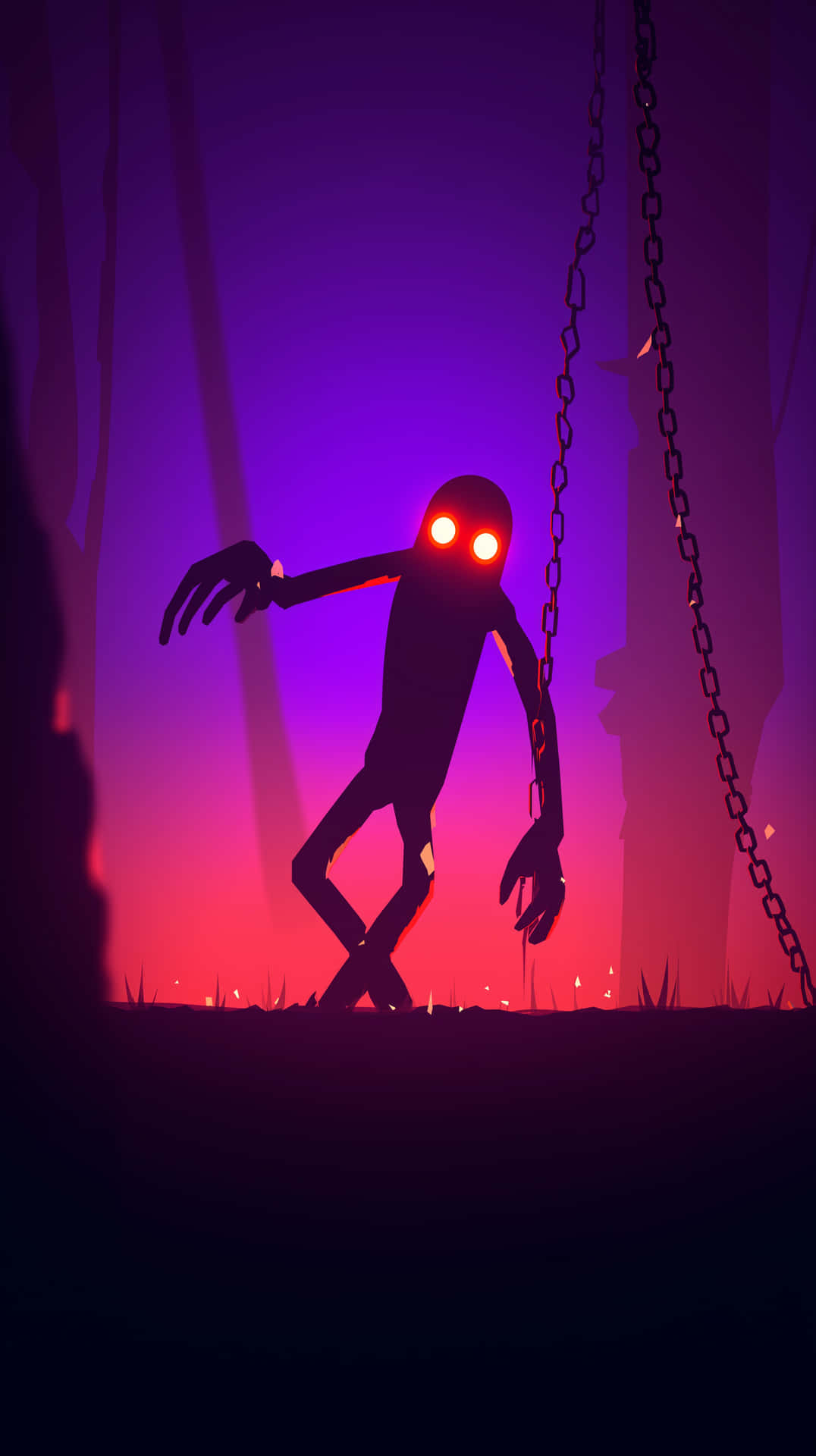 Shadowy Figure with Glowing Eyes and Chains in Dark Setting 壁紙 — 一個發光眼睛的鎖鏈怪物剪影站在紫色和紅色的暮色森林中。