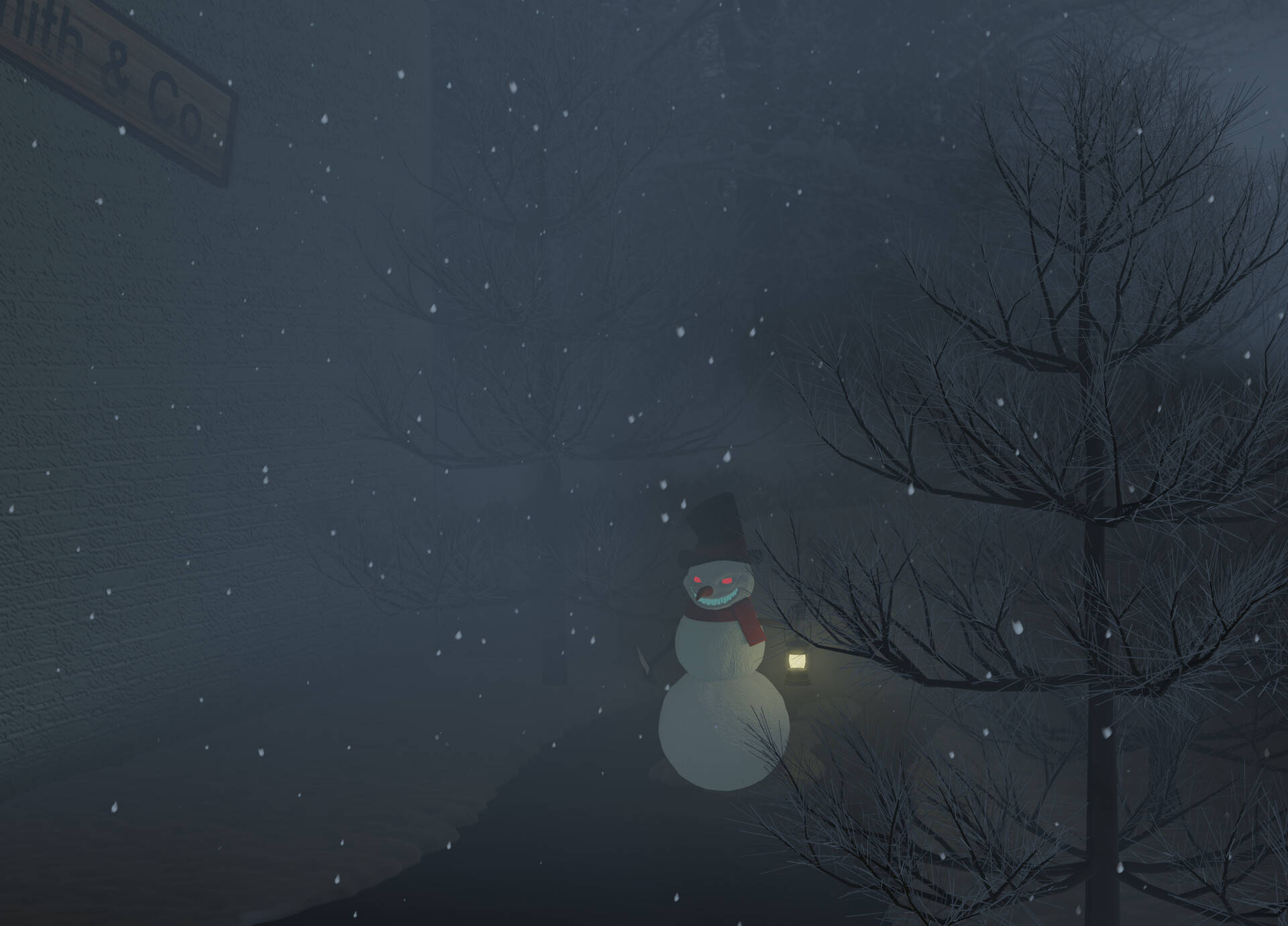Scary Christmas 桌布 壁紙 — 一個發光眼睛的雪人拿著燈籠，獨自站在被光禿樹木和飄雪包圍的雪夜街道上。