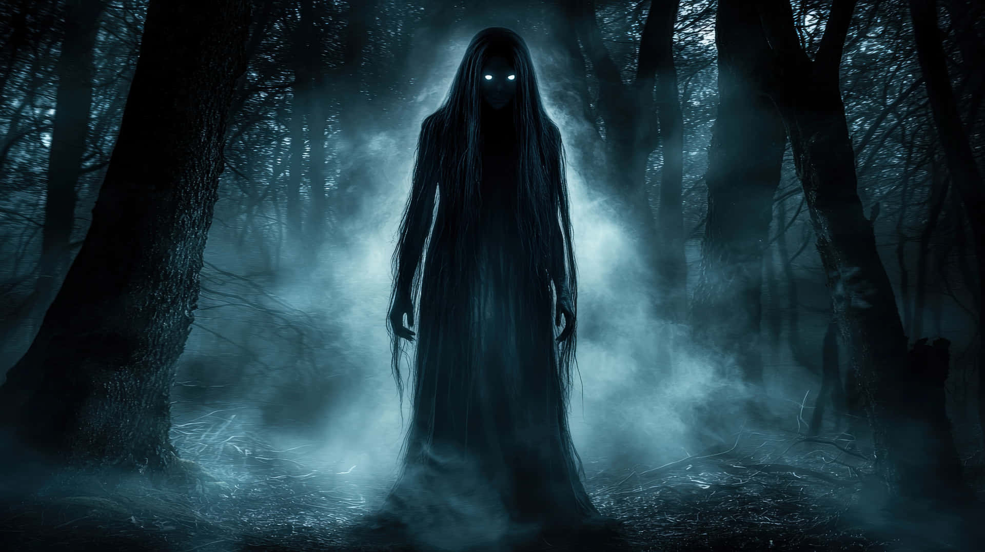Ghostly Figure with Glowing Eyes in Dark Forest 壁紙 — 一個發光眼睛的鬼影站在迷霧黑暗的森林中，周圍是高聳的樹木。