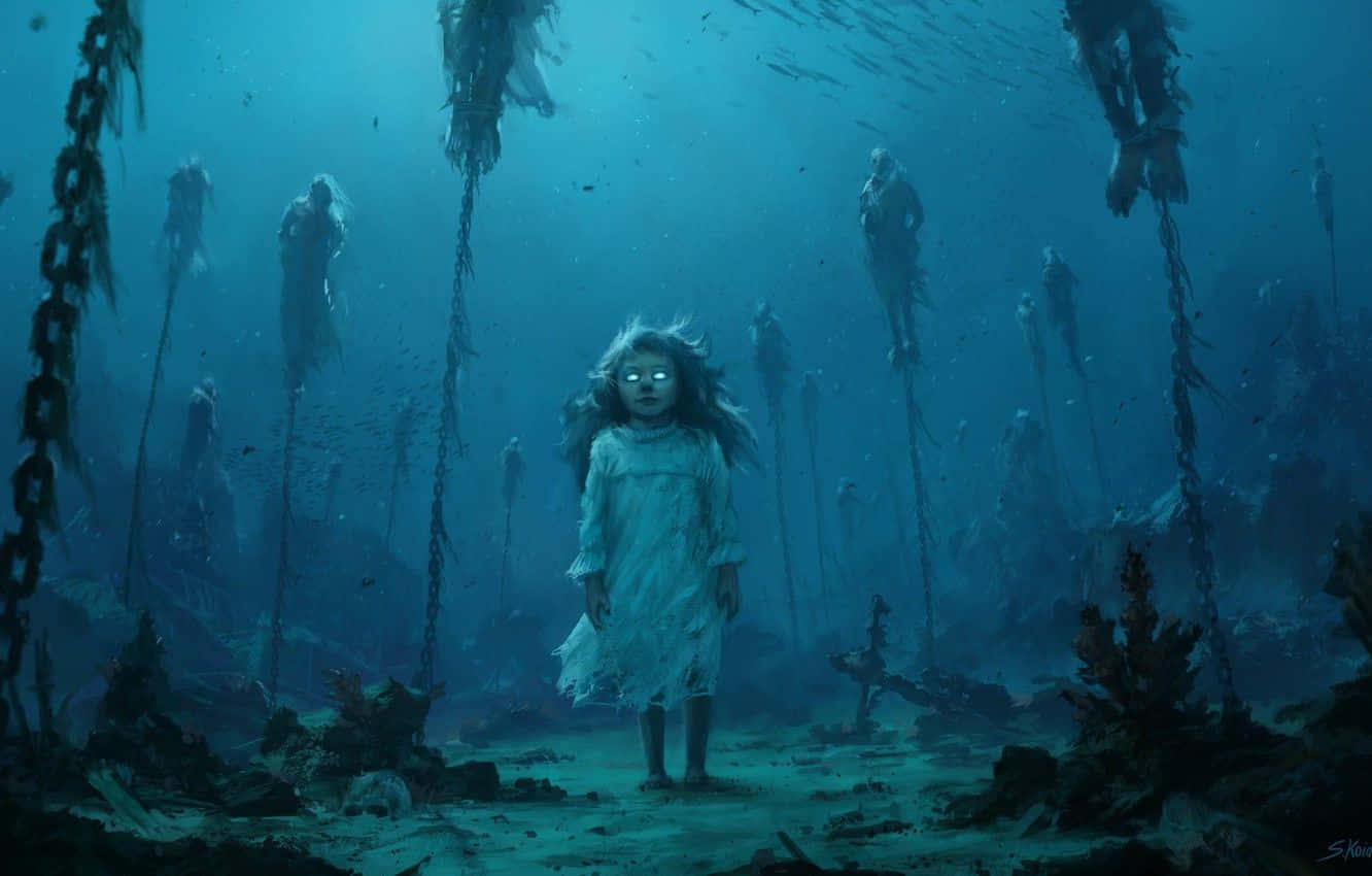 Underwater Scary Ocean 桌布 壁紙 — 一個發光眼睛的鬼魂小孩獨自站在深藍色水下廢墟中，周圍環繞著懸掛的鎖鏈和幽靈般的身影。
