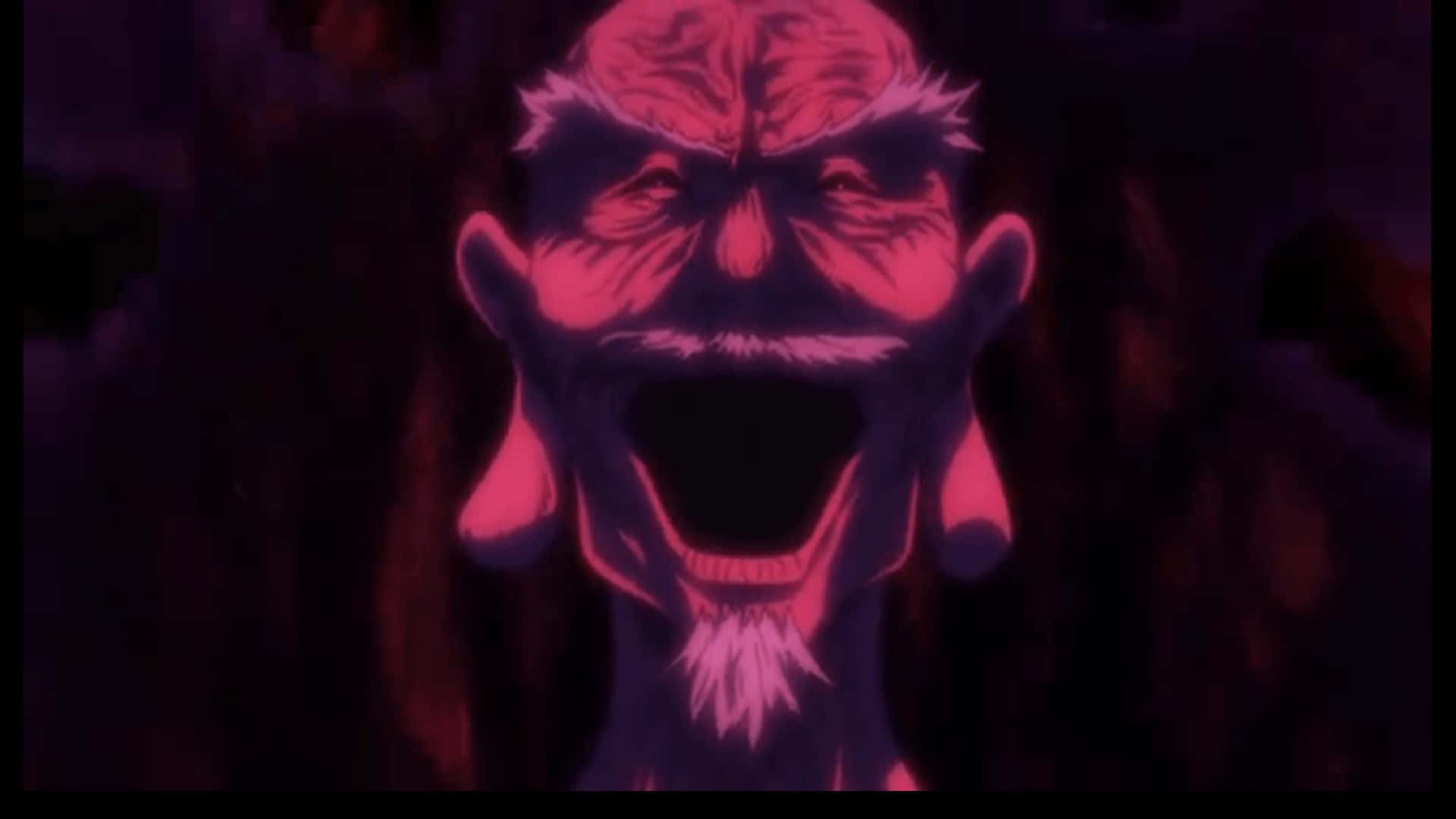 Isaac Netero 桌布 壁紙 — 一個發光粉紅色皮膚的怪異動漫面孔在深紫色虛空中尖叫。