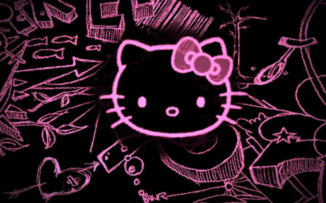 藝術 桌布 壁紙 — 一個發光粉紅色粉筆風格的Hello Kitty臉孔，置於黑色背景中央，帶有塗鴉。