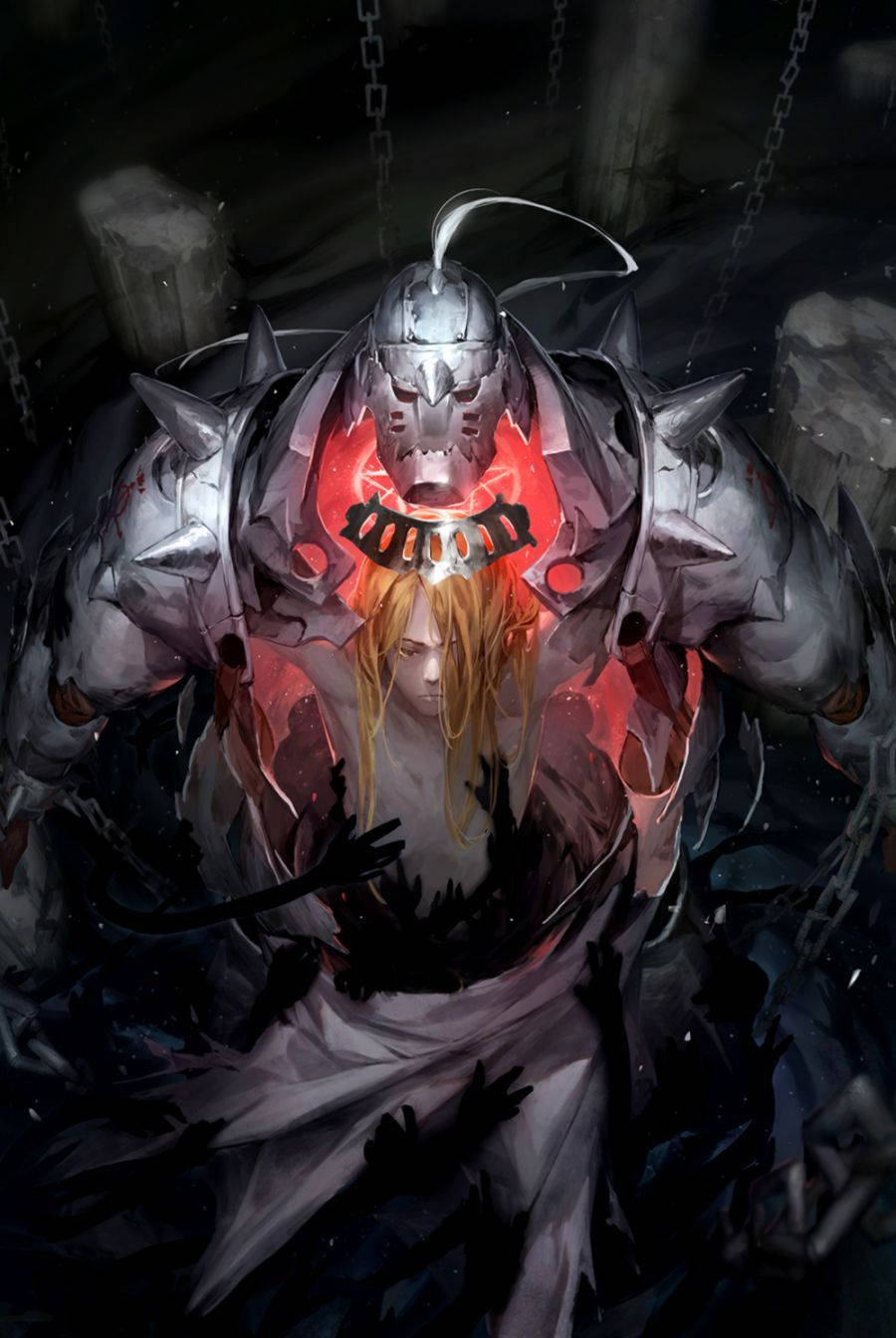 brotherhood 桌布 壁紙 — 一個發光紅眼的裝甲騎士，帶著鎖鏈和一個蒼白的身影，置身於黑暗的石頭地牢中。