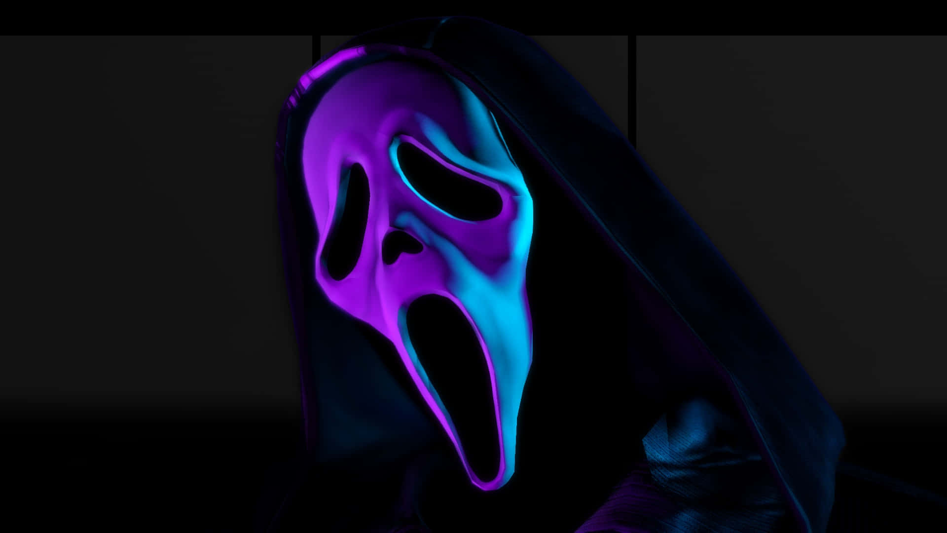 鬼臉殺手 桌布 壁紙 — 一個發光紫色和藍色的Ghostface面具，配上一個戴帽子的身影，背景為深色。