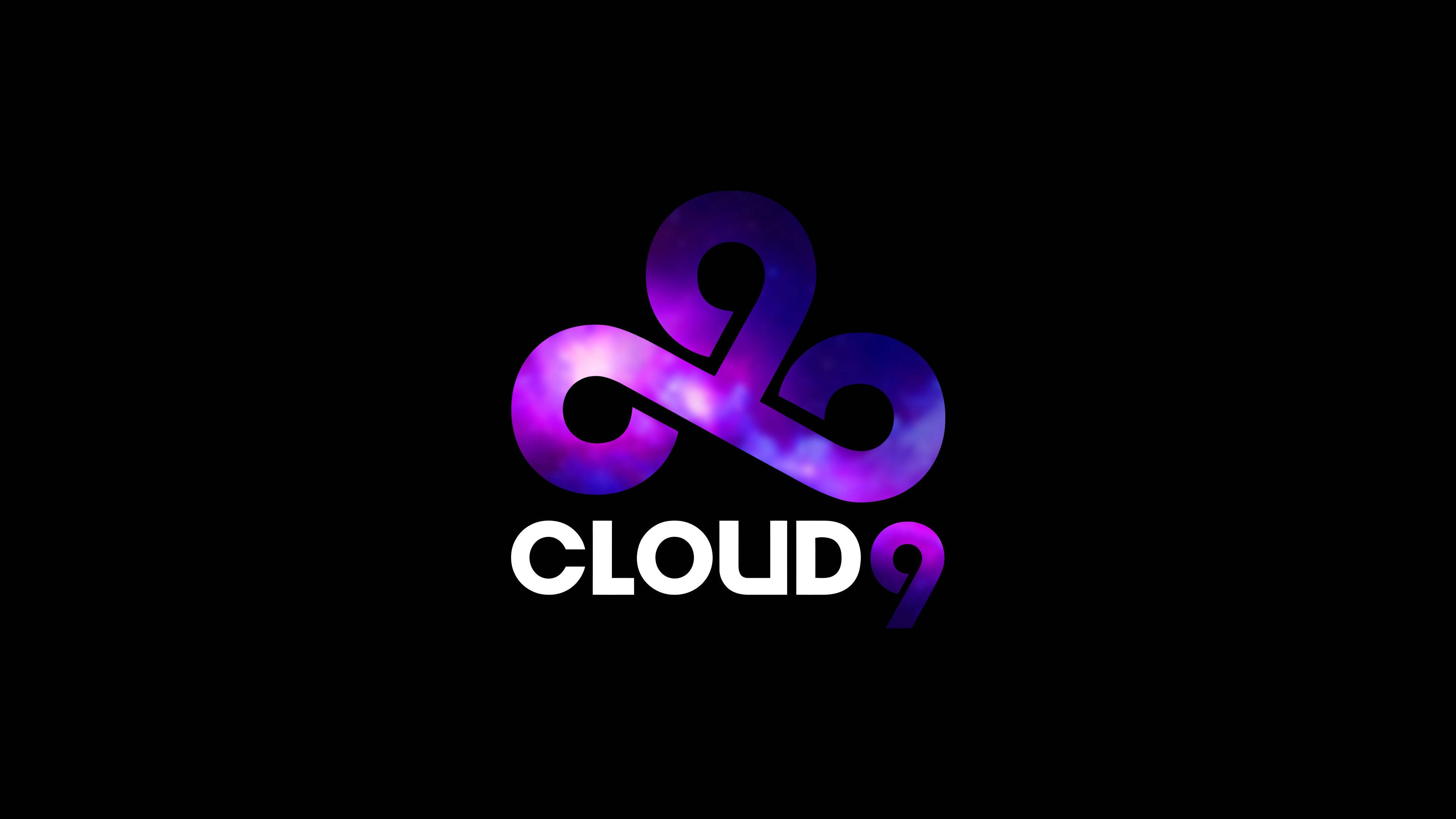 Cloud9 桌布 壁紙 — 一個發光紫色和藍色的無限符號標誌，帶有 'CLOUD 9' 文字，背景為黑色。