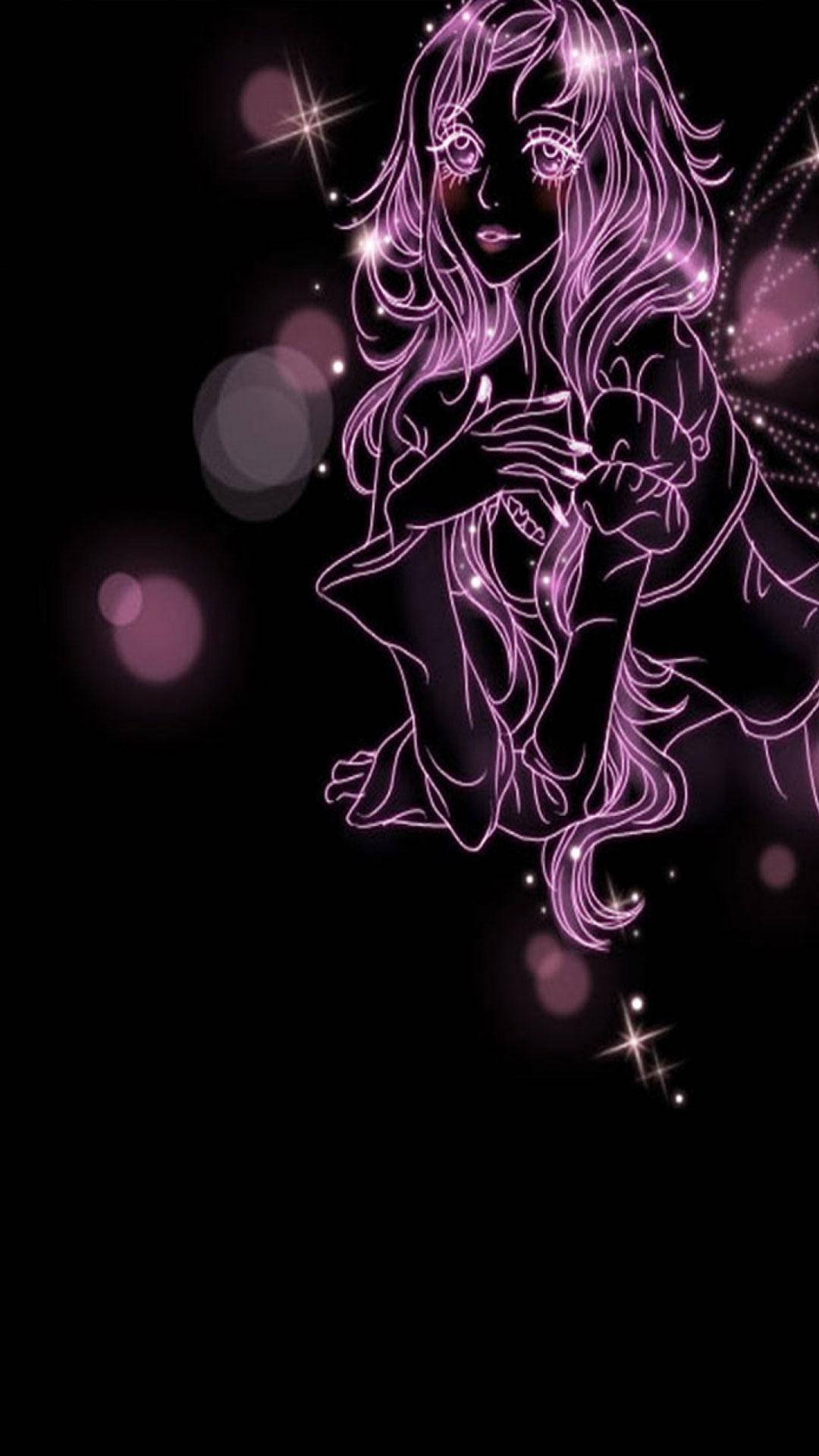 zodiac 桌布 壁紙 — 一個發光紫色輪廓的仙女，長髮和翅膀，在黑暗背景中漂浮，周圍有閃爍的光芒。