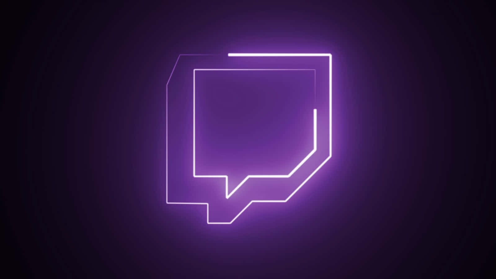 Twitch 桌布 壁紙 — 一個發光紫色霓虹燈對話氣泡圖示的輪廓在深色漸變背景上柔和地脈動。