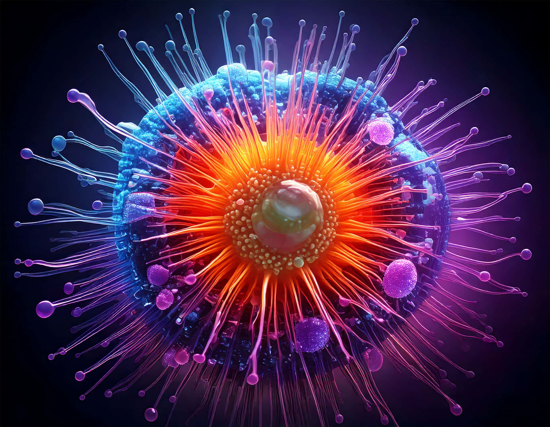 Microscopic Innovation 壁紙 — 一個發光細胞，帶有橙色核心、藍色外層和紫色觸手，背景為深色。