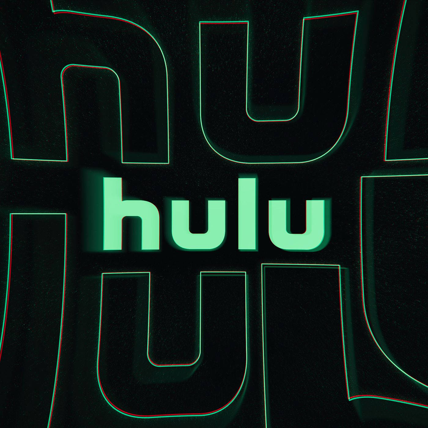 Hulu 桌布 壁紙 — 一個發光綠色hulu標誌，帶有故障風格的紅色輪廓，背景為深色紋理。
