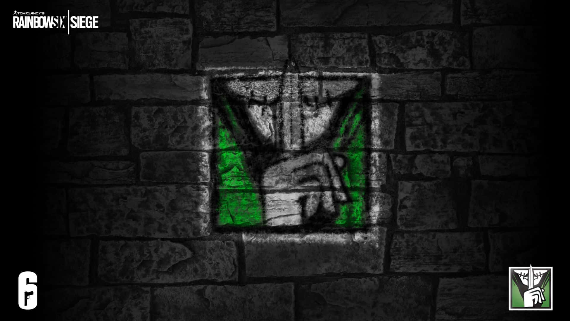 Rainbow Six Siege Caveira 桌布 壁紙 — 一個發光綠色塗鴉標誌，圖案是一隻手持武器，噴在深色石磚牆上。