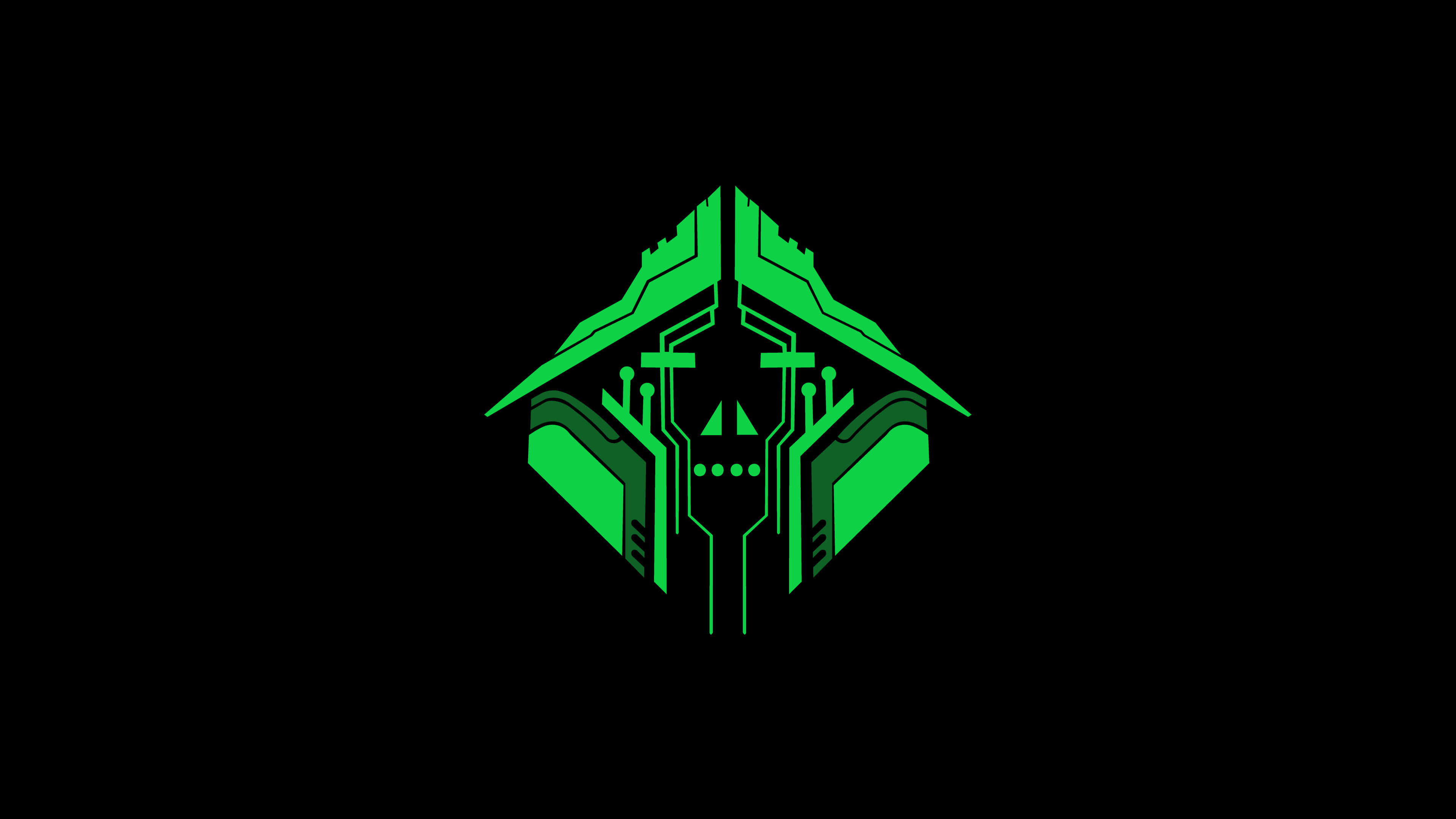 Apex Legends Logo 桌布 壁紙 — 一個發光綠色未來風格骷髏標誌，帶有電路板細節，置於黑色背景上。