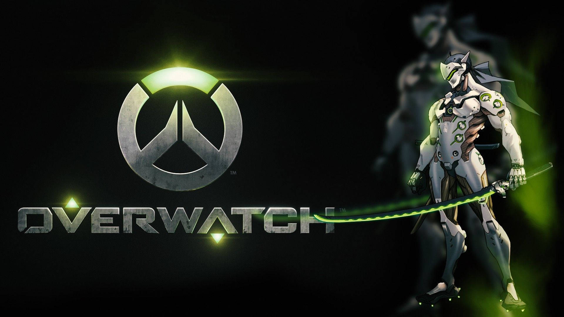 源氏 桌布 壁紙 — 一個發光綠色武士刀的Overwatch角色站在遊戲標誌旁邊，背景為深色。