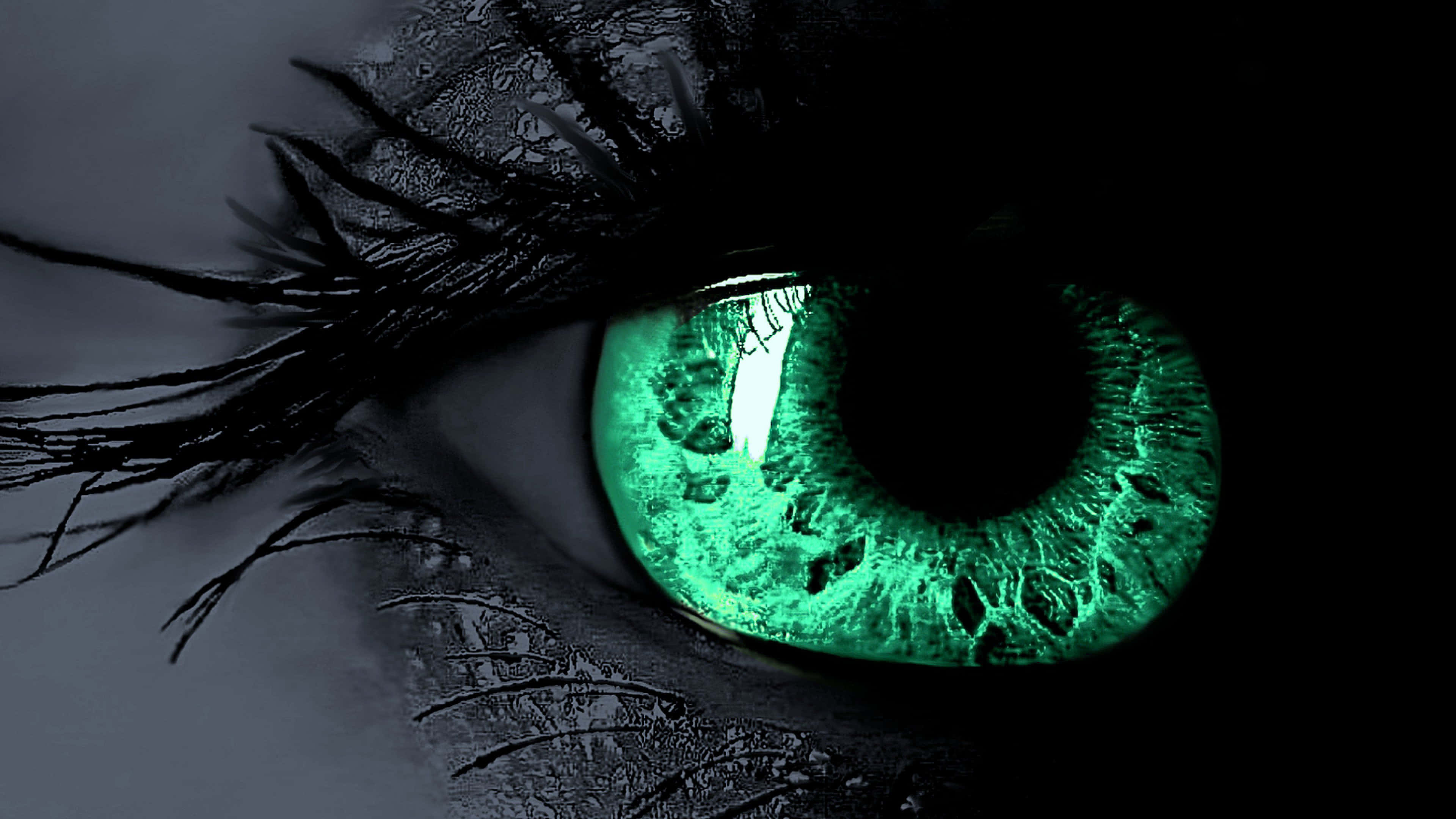 Eyes 桌布 壁紙 — 一個發光綠色眼睛的特寫，帶有黑色睫毛，背景為深色。