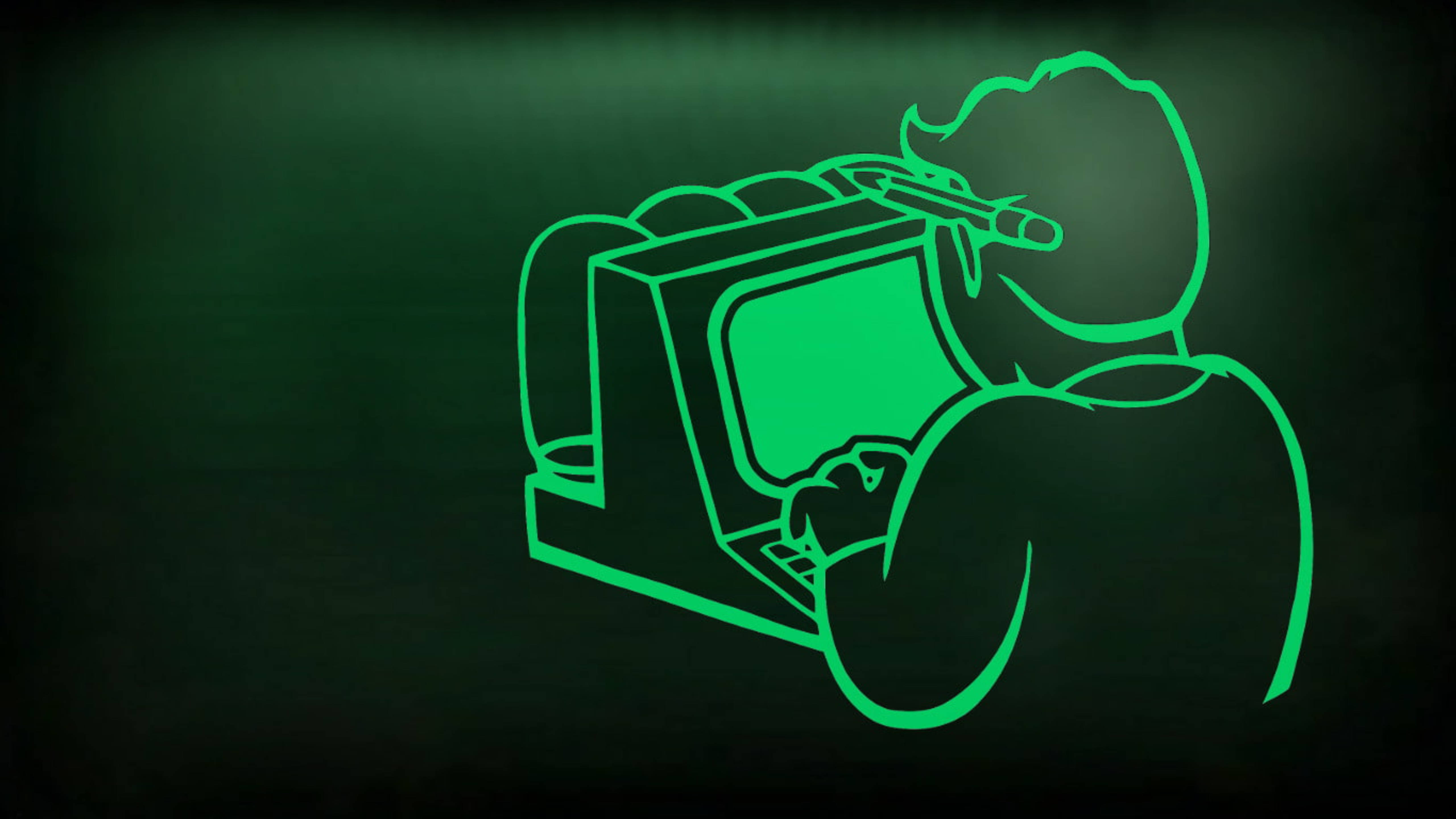 Fallout 4 桌布 壁紙 — 一個發光綠色線條藝術剪影，描繪一個人在黑暗房間裡彎腰對著一台舊電腦。