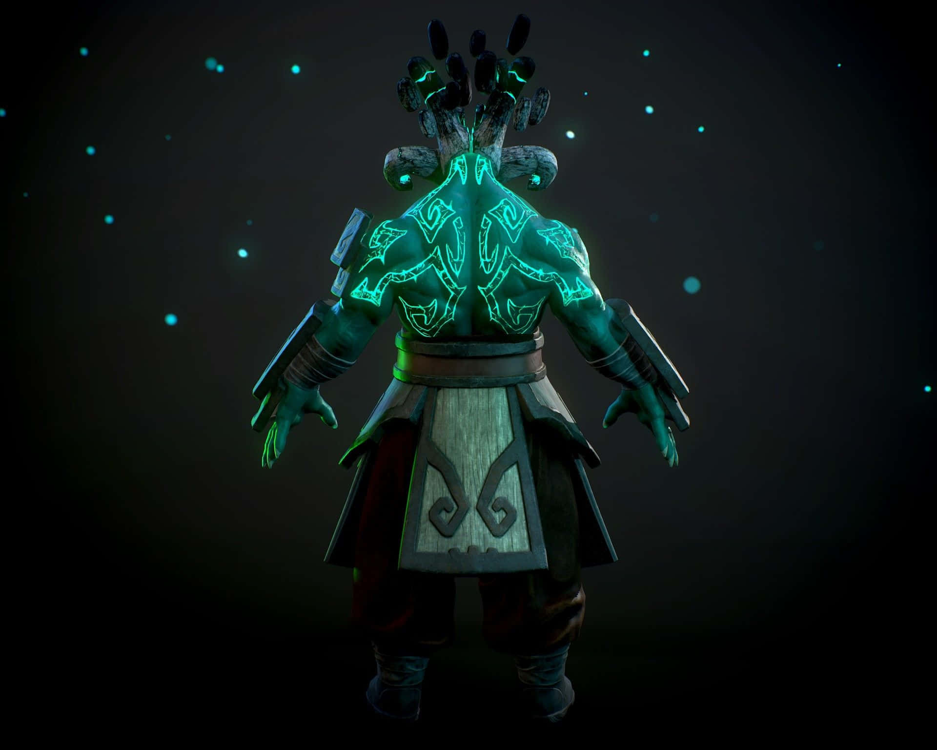 電玩遊戲 桌布 壁紙 — 一個發光綠色裝甲戰士，身上有複雜的發光紋身，背對著星光黑暗虛空站立。