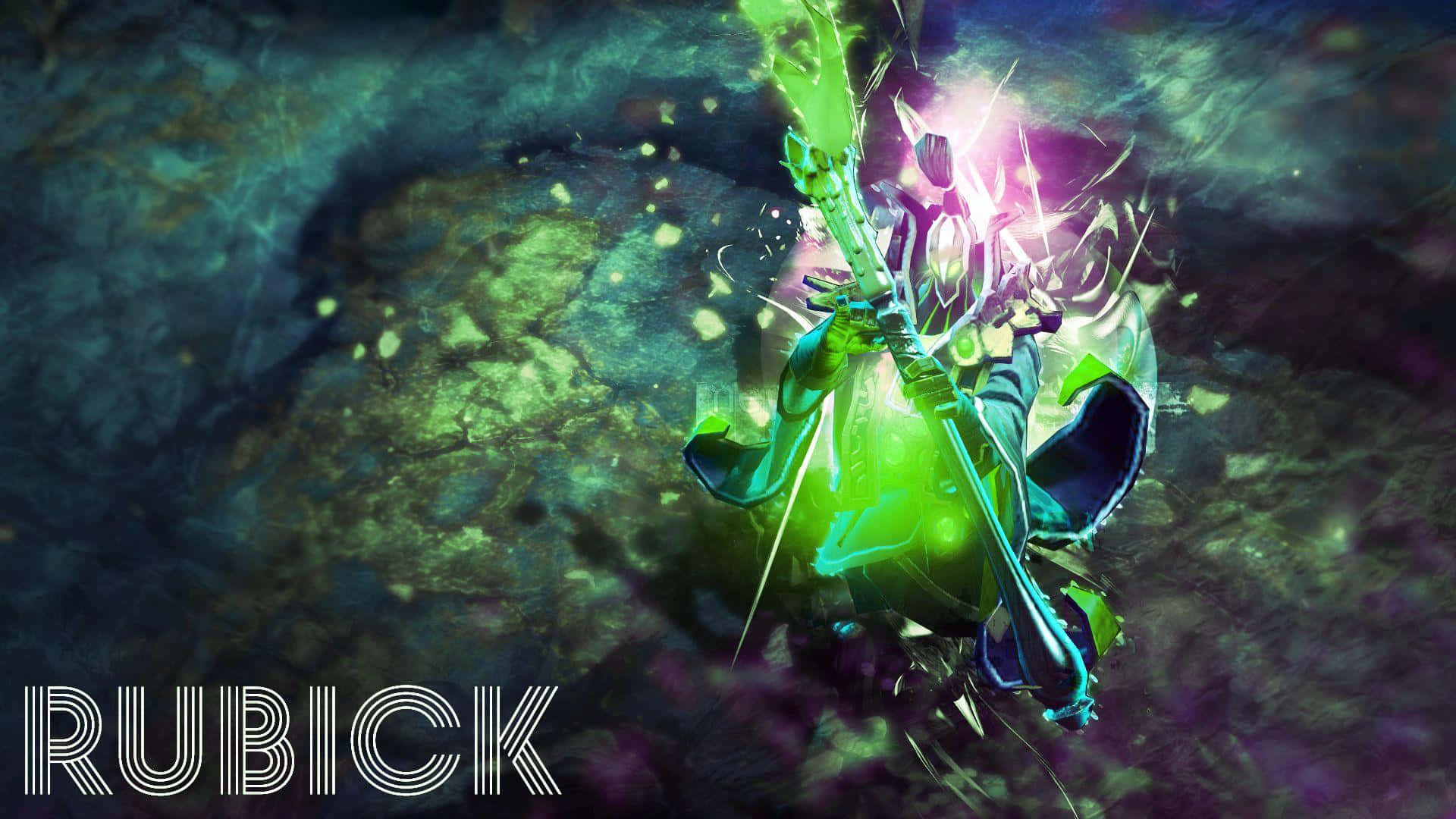 Rubick 桌布 壁紙 — 一個發光綠色裝甲戰士在奇幻戰鬥場景中用光芒四射的劍劈開黑暗大地。