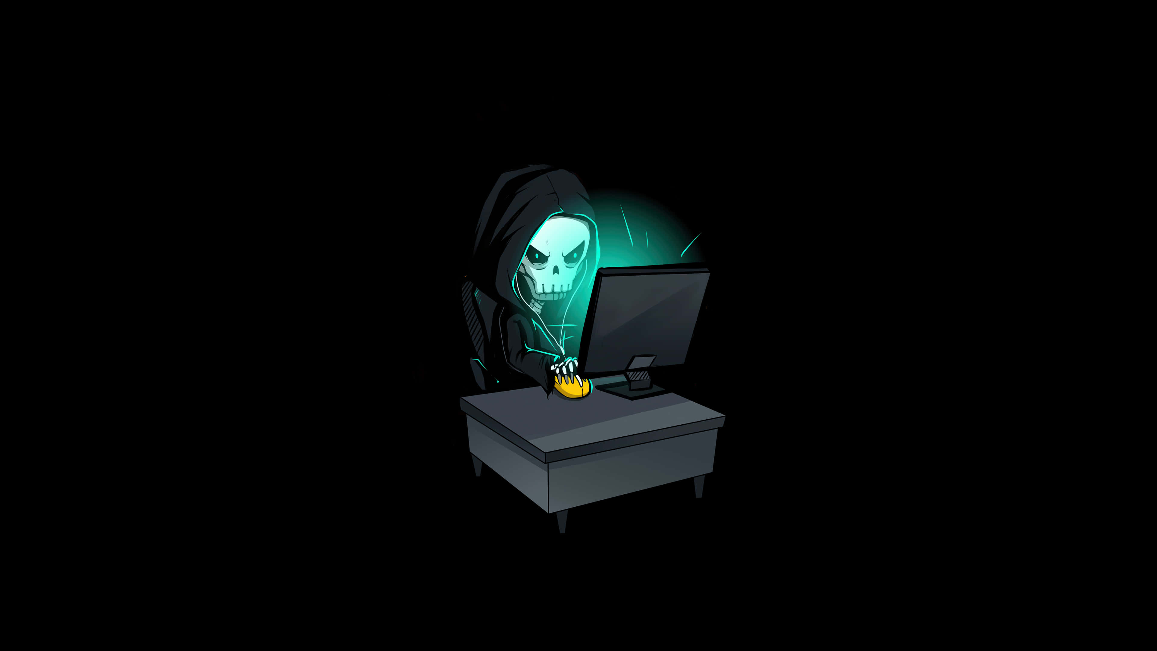 Hacking 桌布 壁紙 — 一個發光綠色頭骨，身穿連帽斗篷，坐在桌前使用電腦滑鼠，背景為黑色。