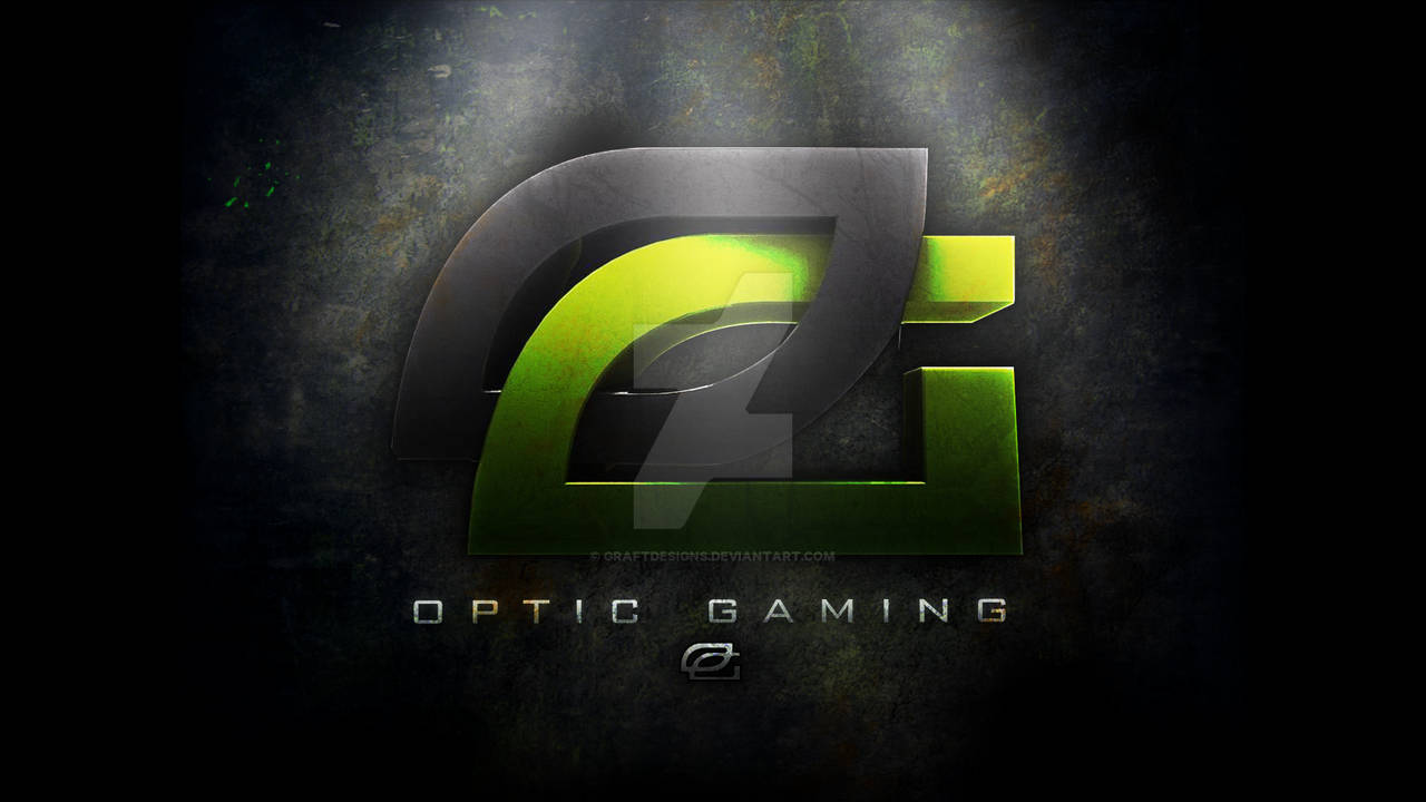 1280x720 Gaming 桌布 壁紙 — 一個發光綠色風格化的'Optic Gaming'標誌，在黑暗紋理背景上配合戲劇性聚光燈效果突出。