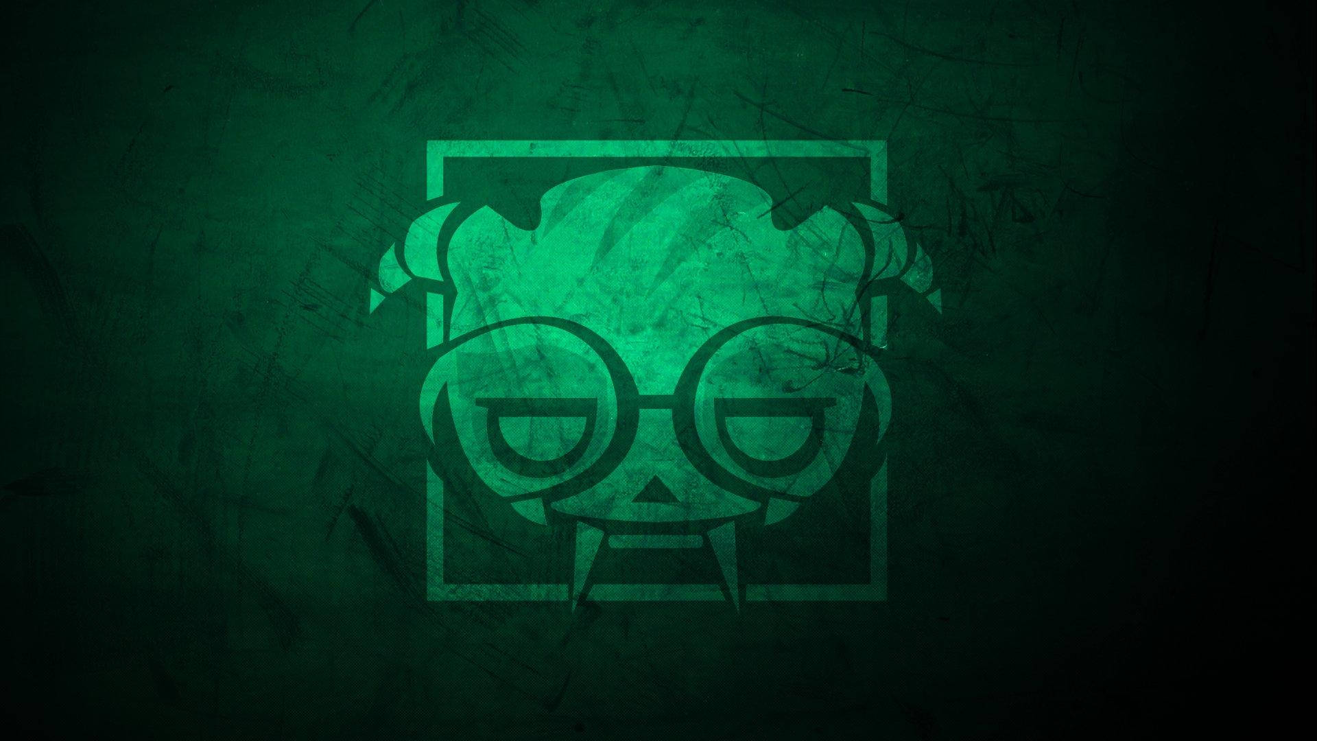 dokkaebi rainbow six siege 桌布 壁紙 — 一個發光綠色風格化頭骨，戴著眼鏡和獠牙，鑲嵌在方形框架中，背景為紋理深綠色。