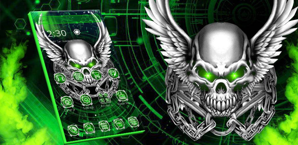 Green Fire Skull 桌布 壁紙 — 一個發光綠色骷髏頭，帶有翅膀和鎖鏈，在數位手機桌布上佔據主導地位，背景為霓虹賽博龐克風格。