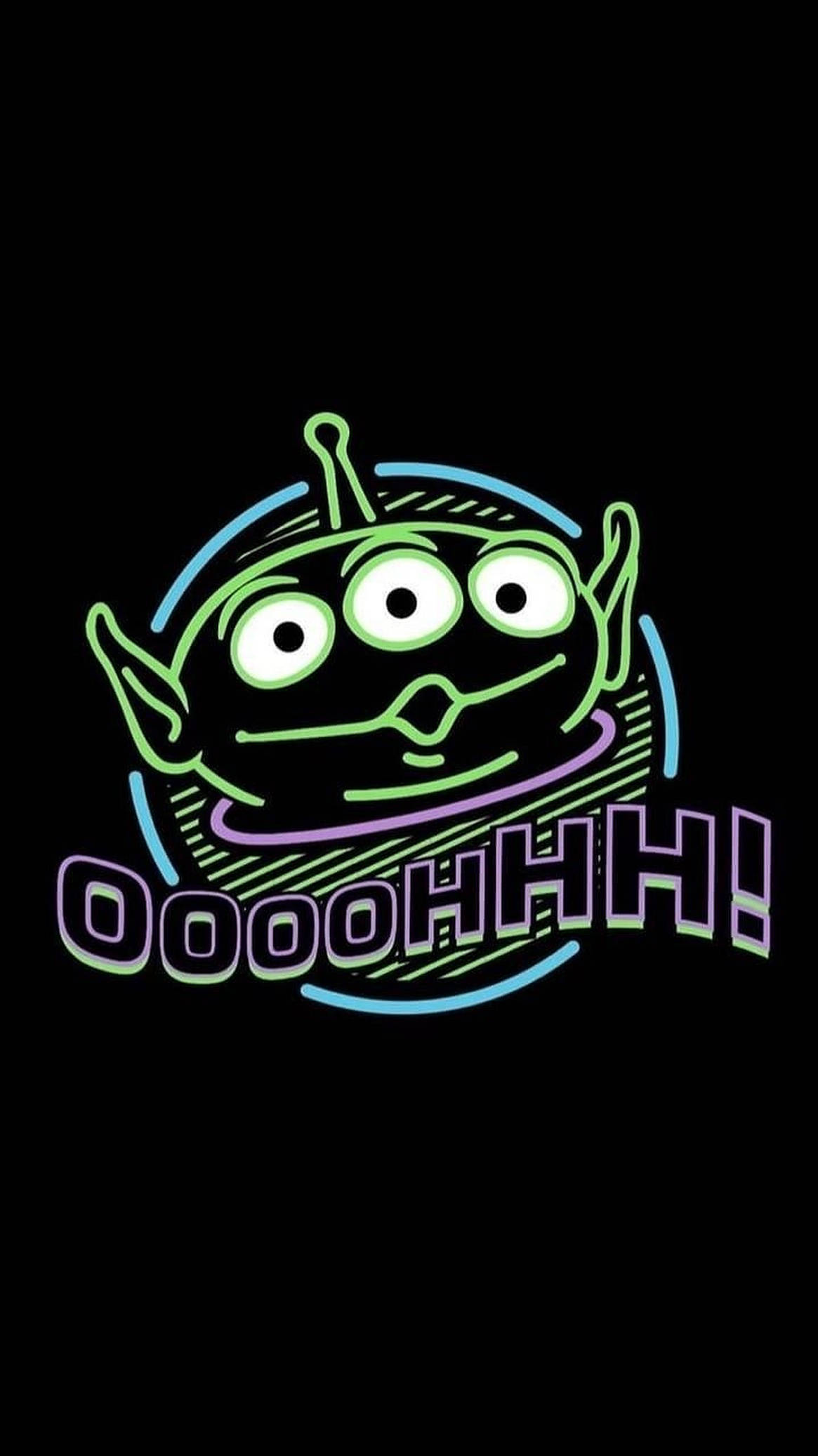 Toy Story Alien 桌布 壁紙 — 一個發光線條勾勒的霓虹綠色外星人，有三隻眼睛和天線，黑色背景上帶有文字 OOOOHHH!