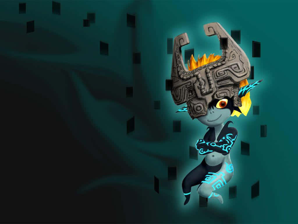 The Legend Of Zelda Midna 桌布 壁紙 — 一個發光藍橙色面具角色，帶有複雜圖案，自信地站在深青色背景前，背景有漂浮的黑色方塊。