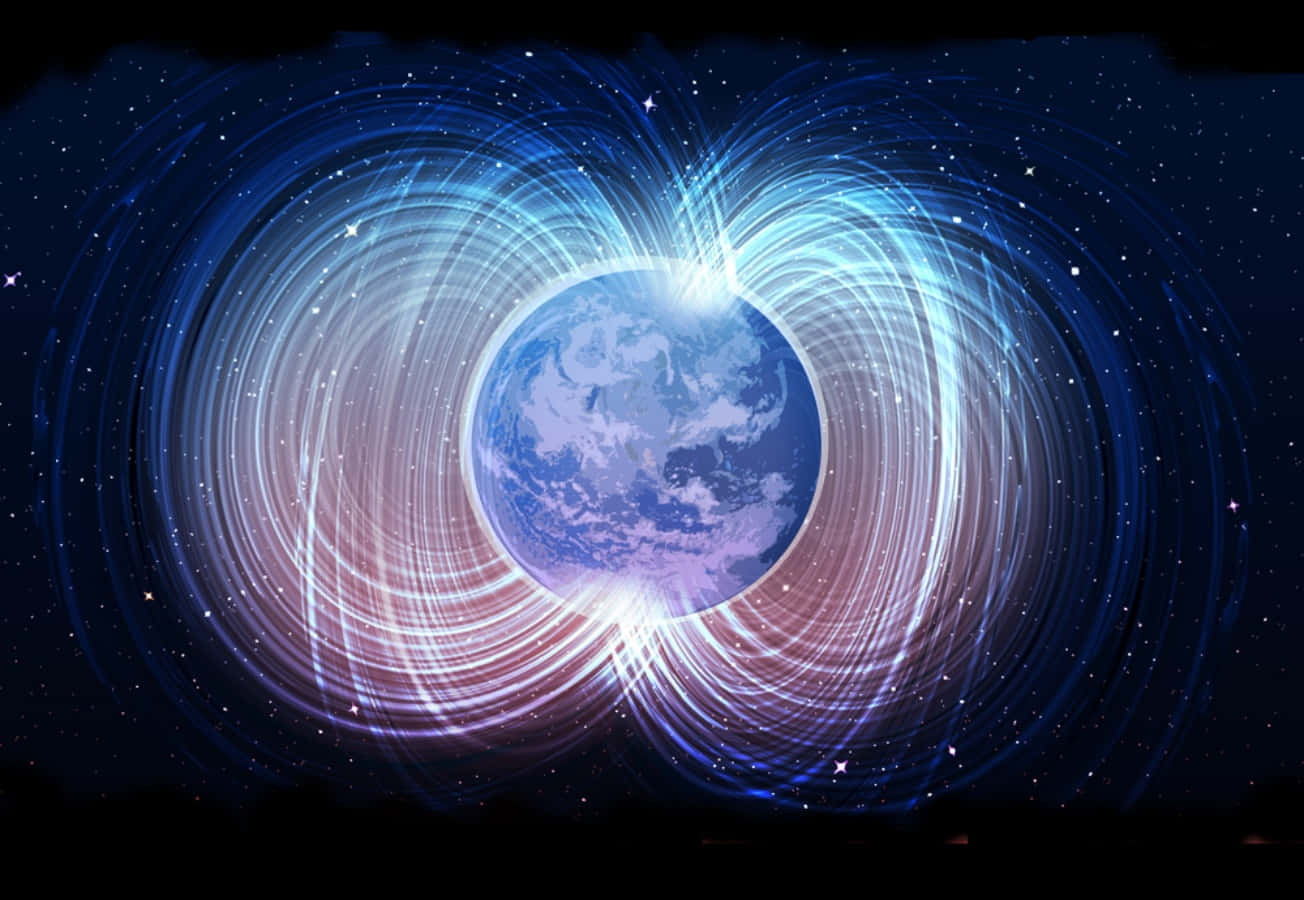 Magnetic Field 桌布 壁紙 — 一個發光藍紫色類似極光的磁場圍繞著詳細的地球，背景是繁星點點的宇宙。