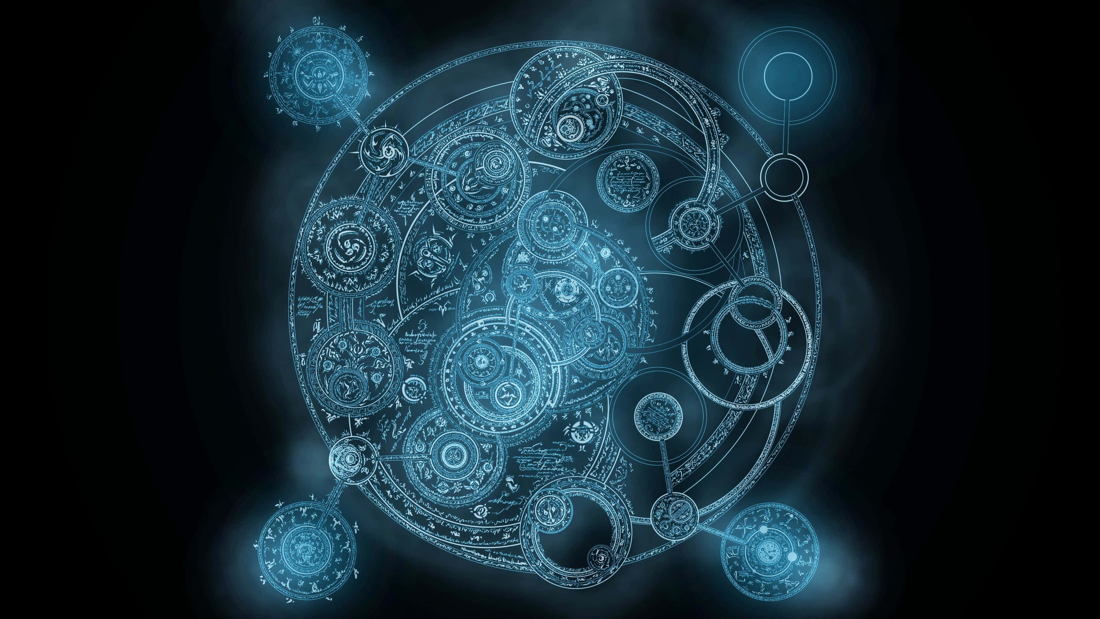 Alchemy 桌布 壁紙 — 一個發光藍色、複雜的圓形機制，帶有相互連接的齒輪和符號，背景為深色。