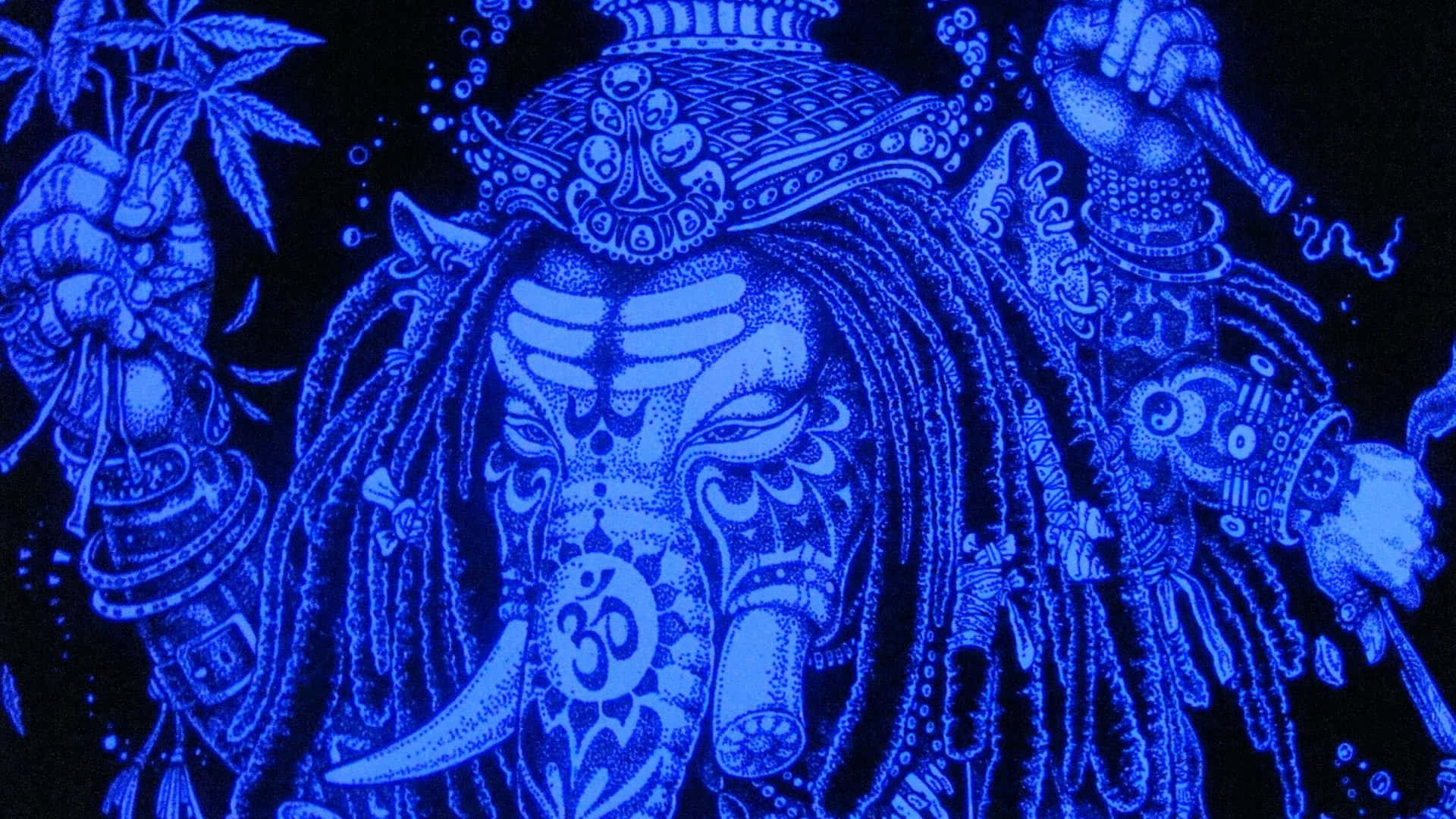 Psychedelic Nature 桌布 壁紙 — 一個發光藍色、複雜的紋身風格插圖，描繪一位帶有辮子和華麗頭飾的神祇，背景為黑色。