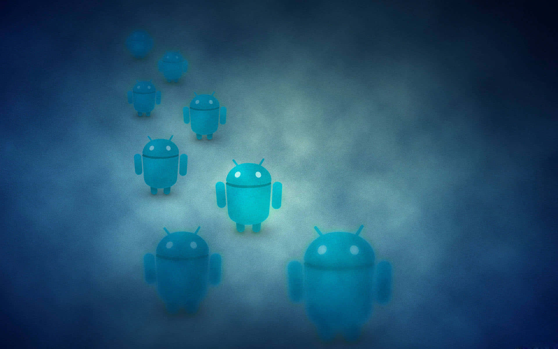 平板電腦 桌布 壁紙 — 一個發光藍色Android機器人圖標帶領著隊伍穿過霧氣瀰漫的數位虛空，在冷藍色燈光下。