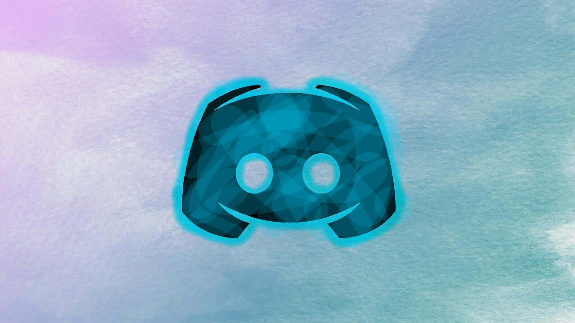 Discord Logo 桌布 壁紙 — 一個發光藍色Discord標誌，帶有幾何圖案，漂浮在柔和的水彩天空（薰衣草色和藍綠色）上。