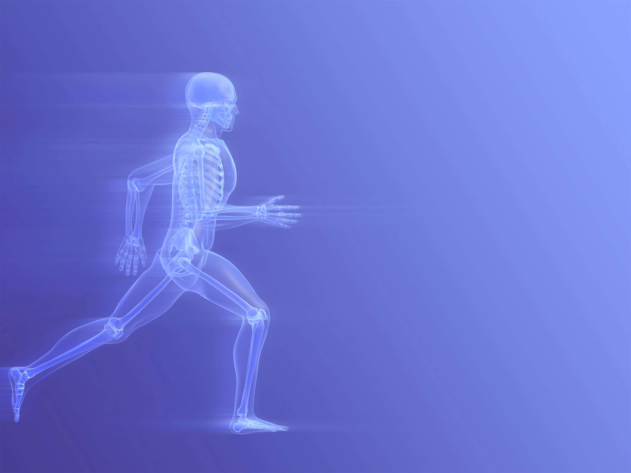 Exercise 桌布 壁紙 — 一個發光藍色X光風格的人體骨骼在漸變藍色背景上動態奔跑。