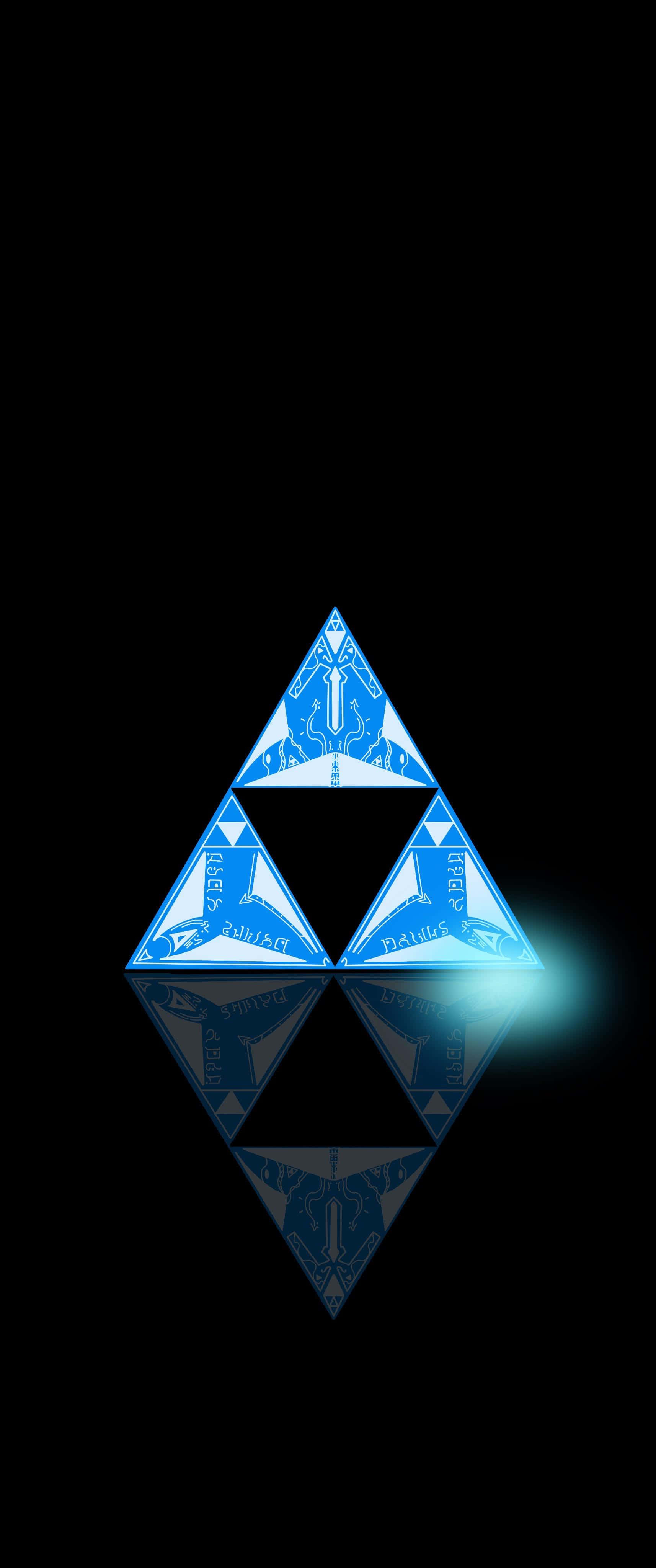 Zelda Phone 桌布 壁紙 — 一個發光藍色三角力量符號帶有複雜設計，在黑色背景上漂浮，下方投射出鏡像倒影。