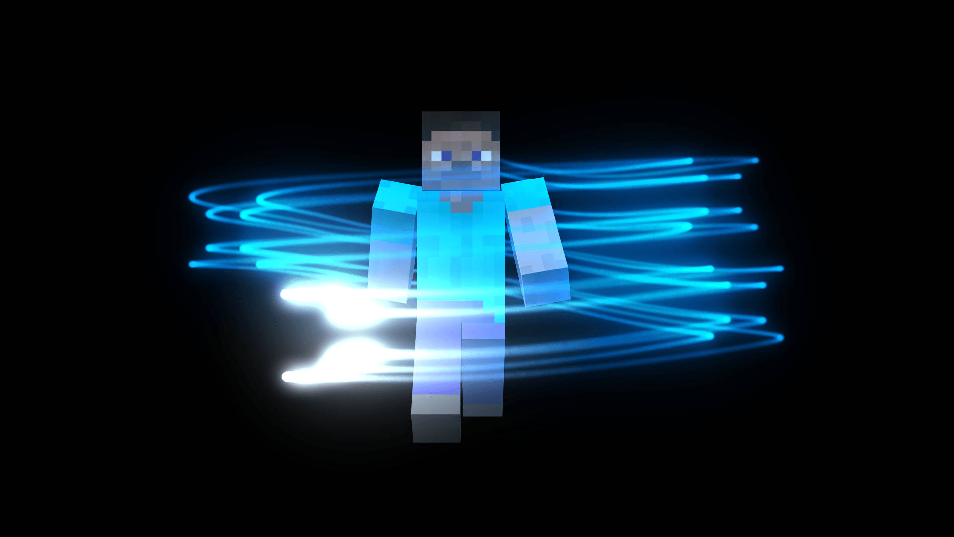 Herobrine 桌布 壁紙 — 一個發光藍色像素化Minecraft角色，被旋轉的光軌包圍，背景為黑色。