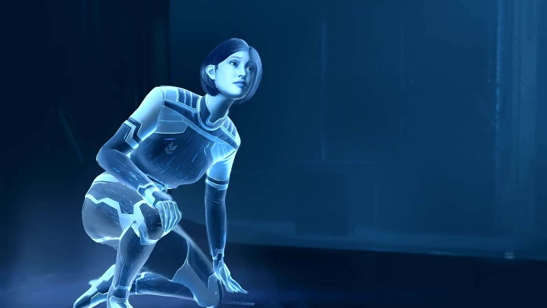 Halo Cortana 桌布 壁紙 — 一個發光藍色全息女性穿著未來裝甲跪在黑暗的數位環境中。