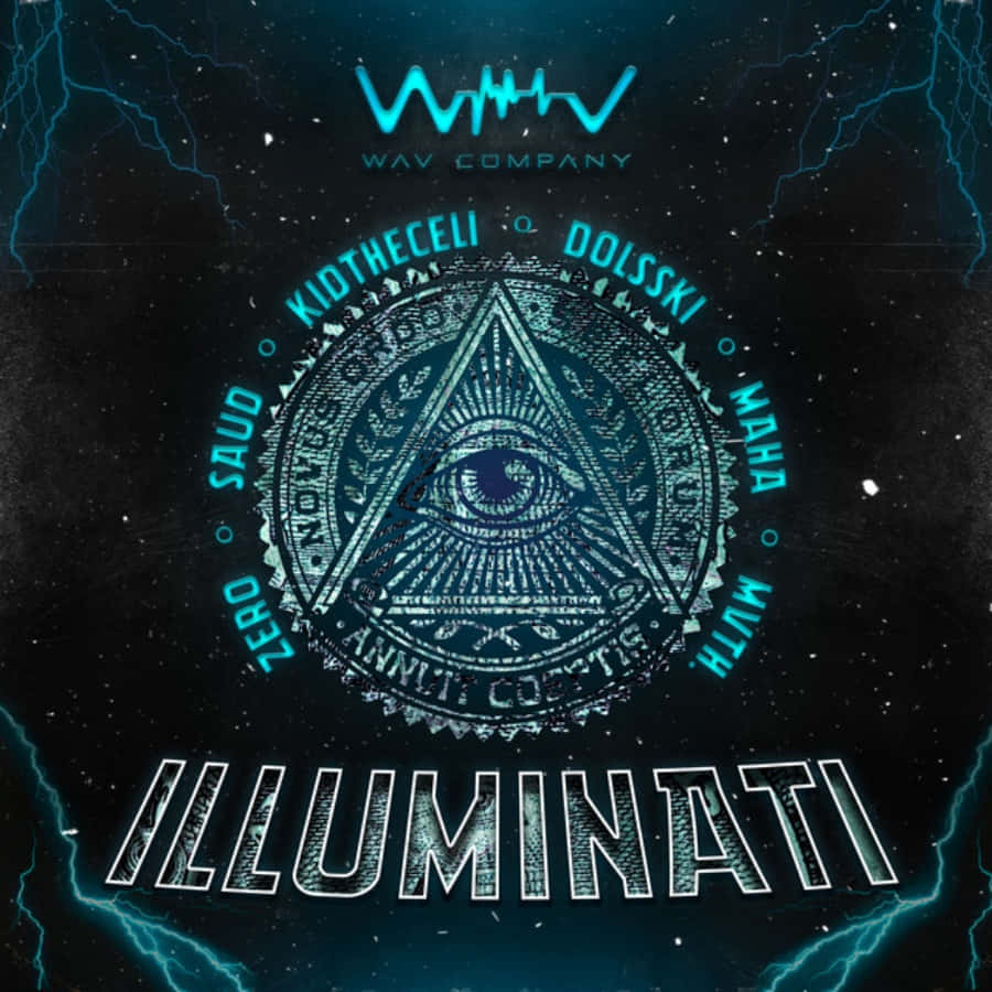 illuminati 桌布 壁紙 — 一個發光藍色全視之眼徽章，周圍環繞著名字和閃電，背景是星空宇宙。
