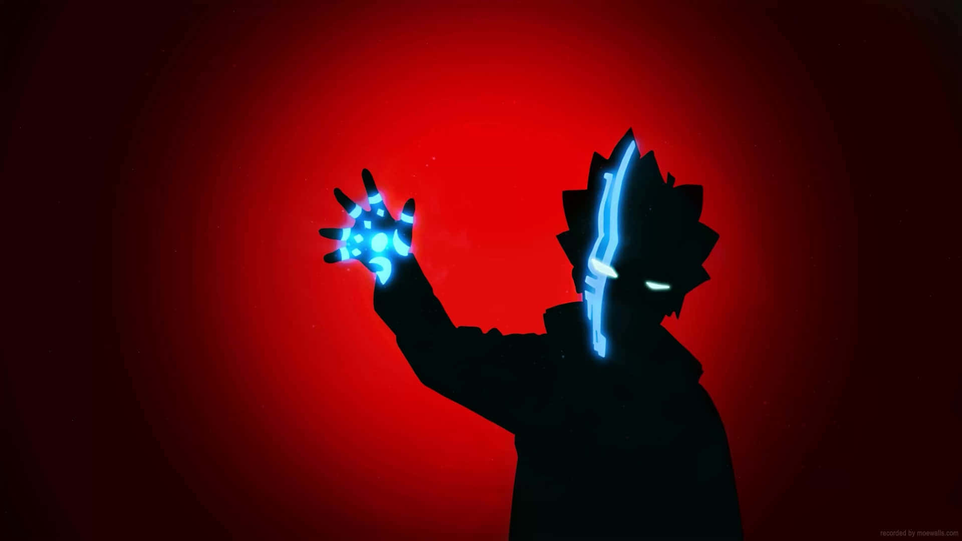 Boruto Naruto Next Generations 桌布 壁紙 — 一個發光藍色剪影，人物有尖刺頭髮和發光的手，背景是深紅色圓形。