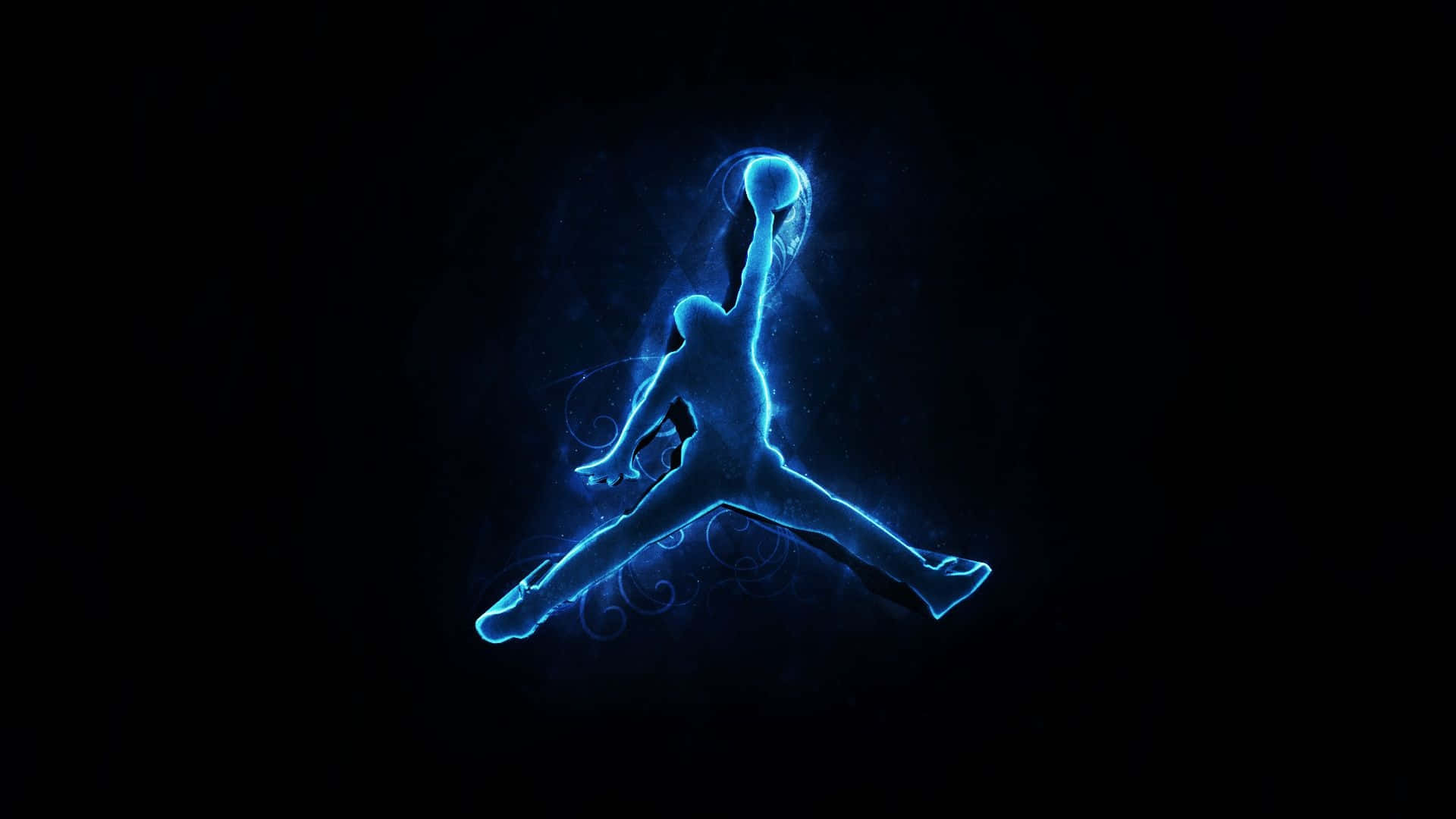 Jordan 桌布 壁紙 — 一個發光藍色剪影，描繪一名籃球運動員在半空中灌籃，背景為黑色。