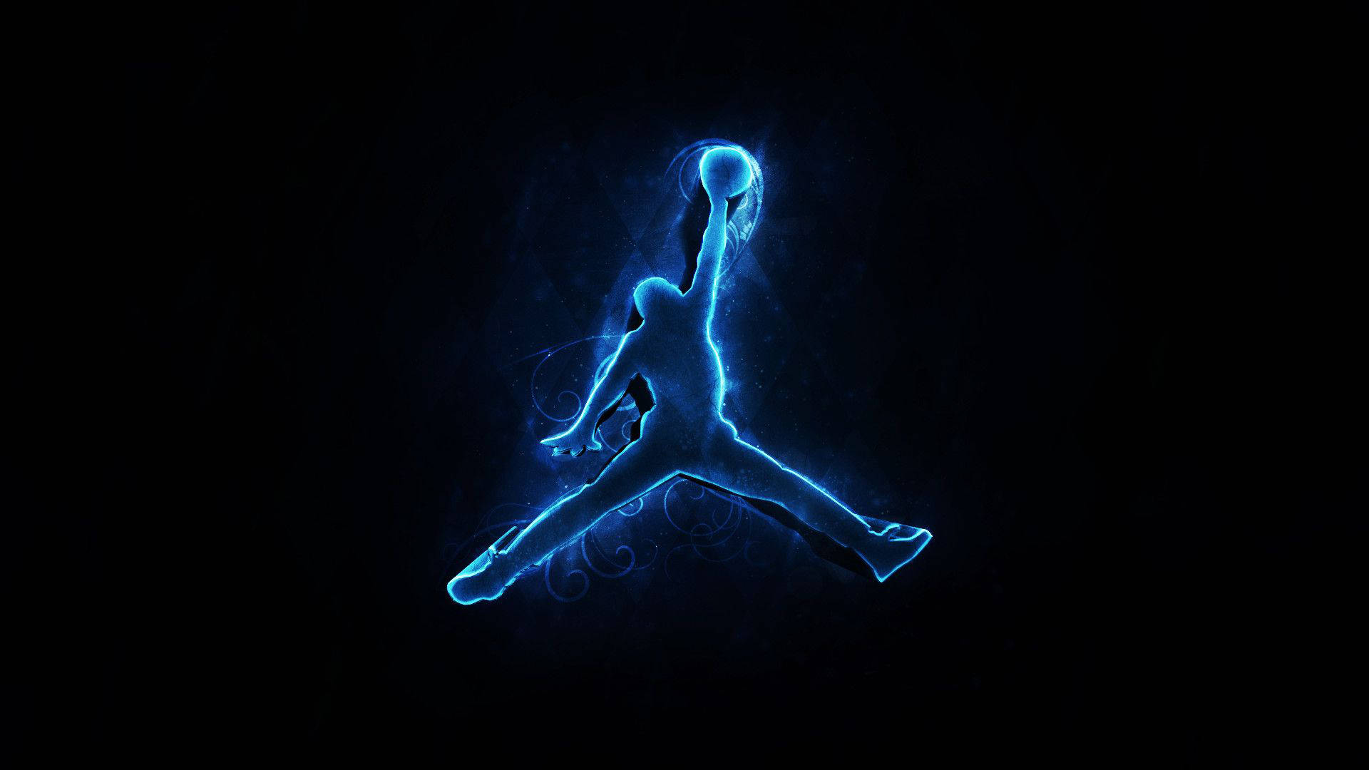 Air Jordan 桌布 壁紙 — 一個發光藍色剪影，描繪籃球運動員在半空中灌籃，背景為深色。
