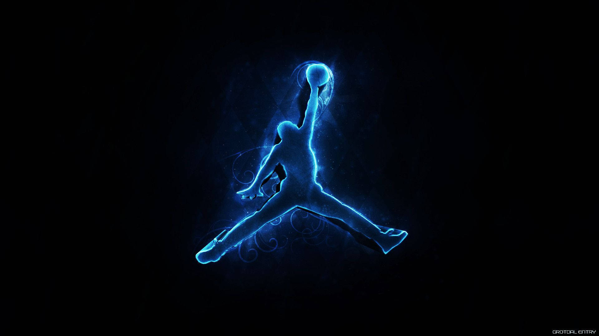 Jordan Logo 桌布 壁紙 — 一個發光藍色剪影，描繪籃球運動員在半空中灌籃，背景為深色。