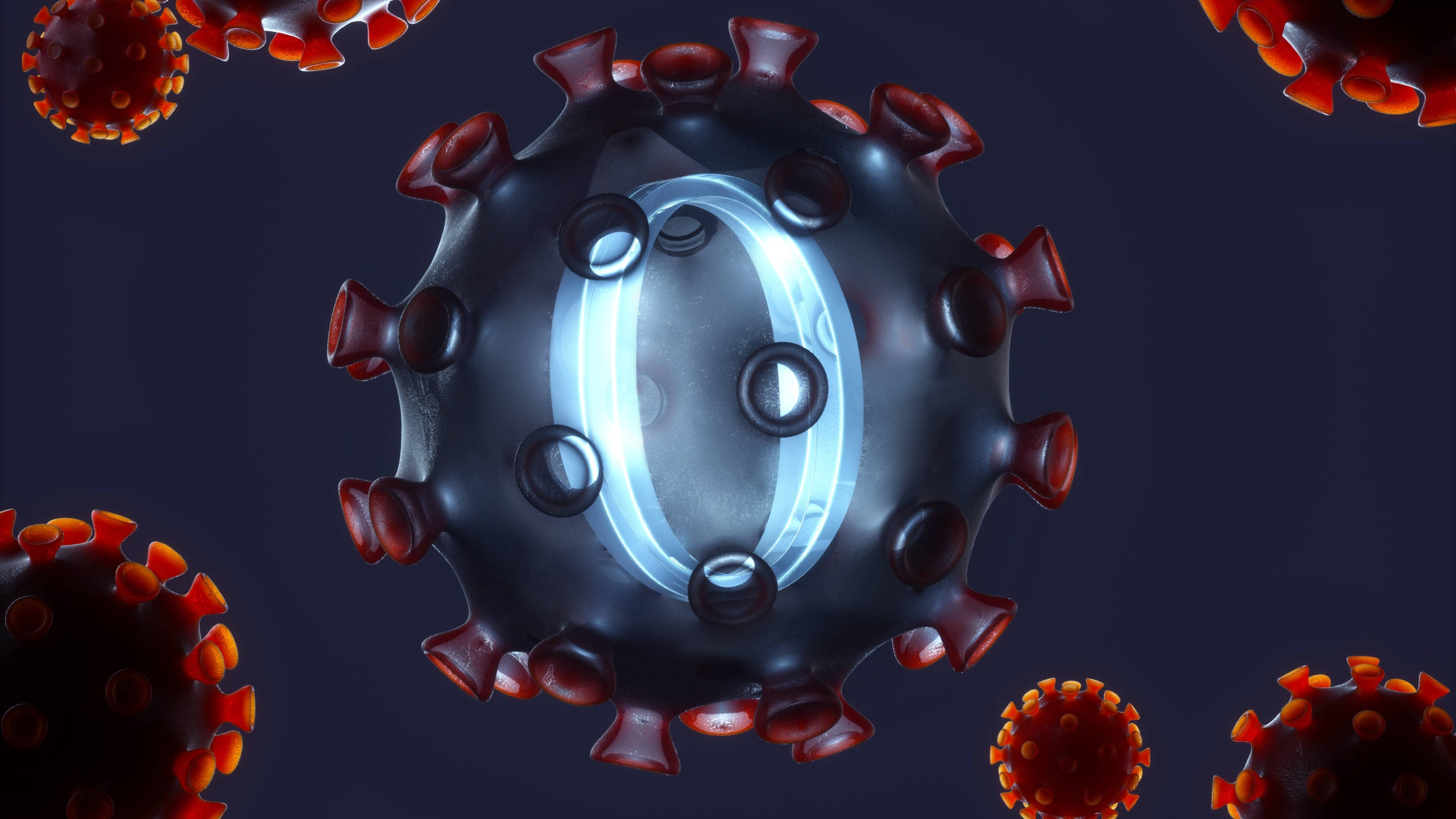Coronavirus 桌布 壁紙 — 一個發光藍色字母O嵌入在一個詳細的黑色病毒粒子中，周圍環繞著紅色尖刺病毒細胞，背景為深色。